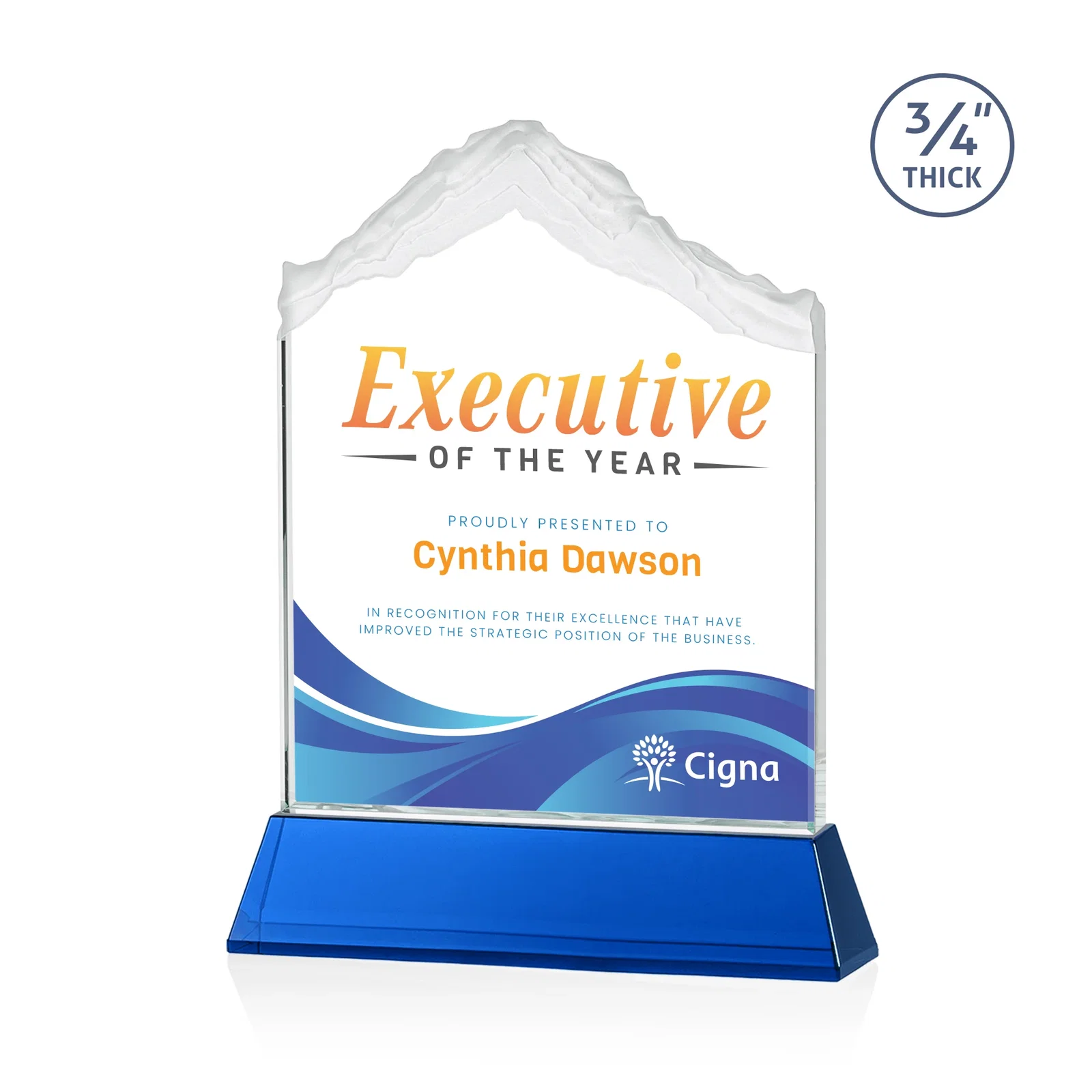 Custom printed Starfire Crystal Mountain Peak Award with Second Etch Option, awards for sales achievement awards