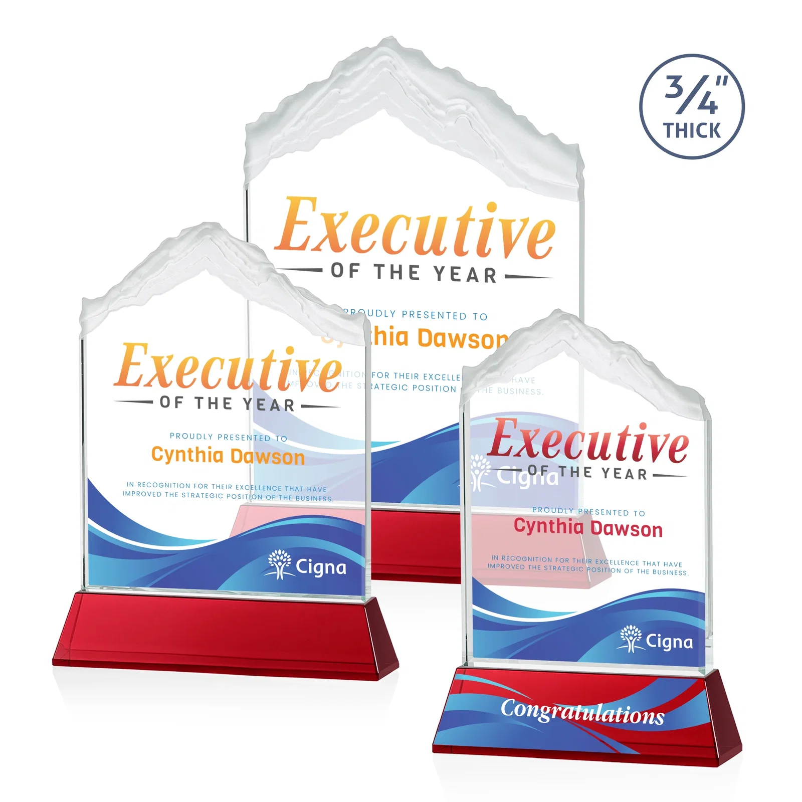 Custom printed Starfire Crystal Mountain Peak Award with Second Etch Option, awards for team milestone celebrations