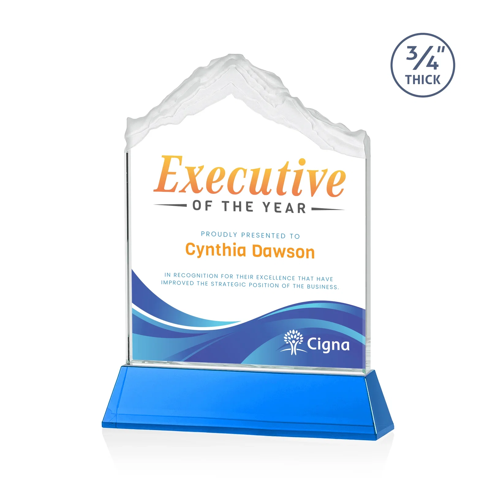 Custom printed Starfire Crystal Mountain Peak Award with Second Etch Option, awards for company anniversary events