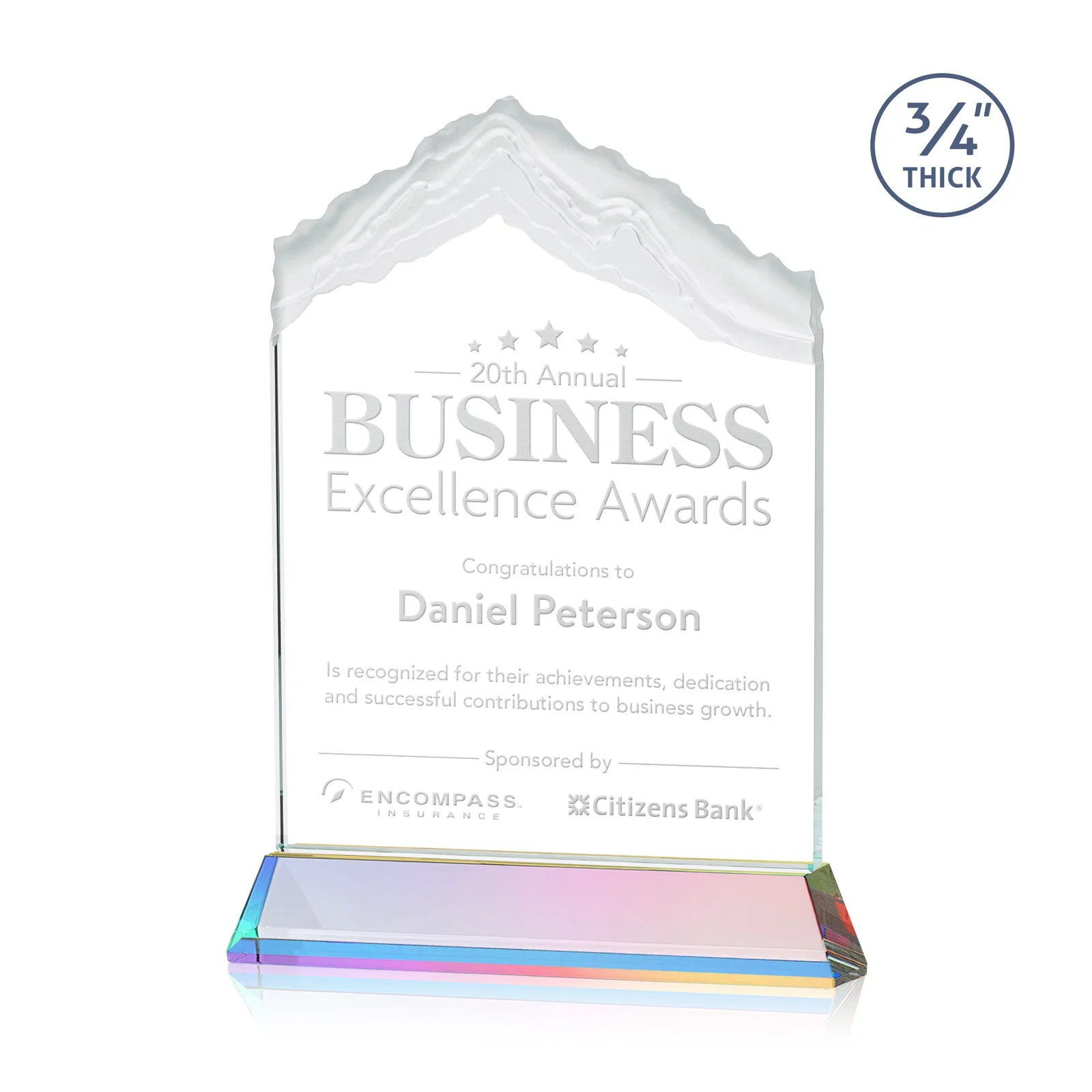 Custom engraved Starfire Crystal Mountain Peak Award with Second Etch Option, awards for employee recognition