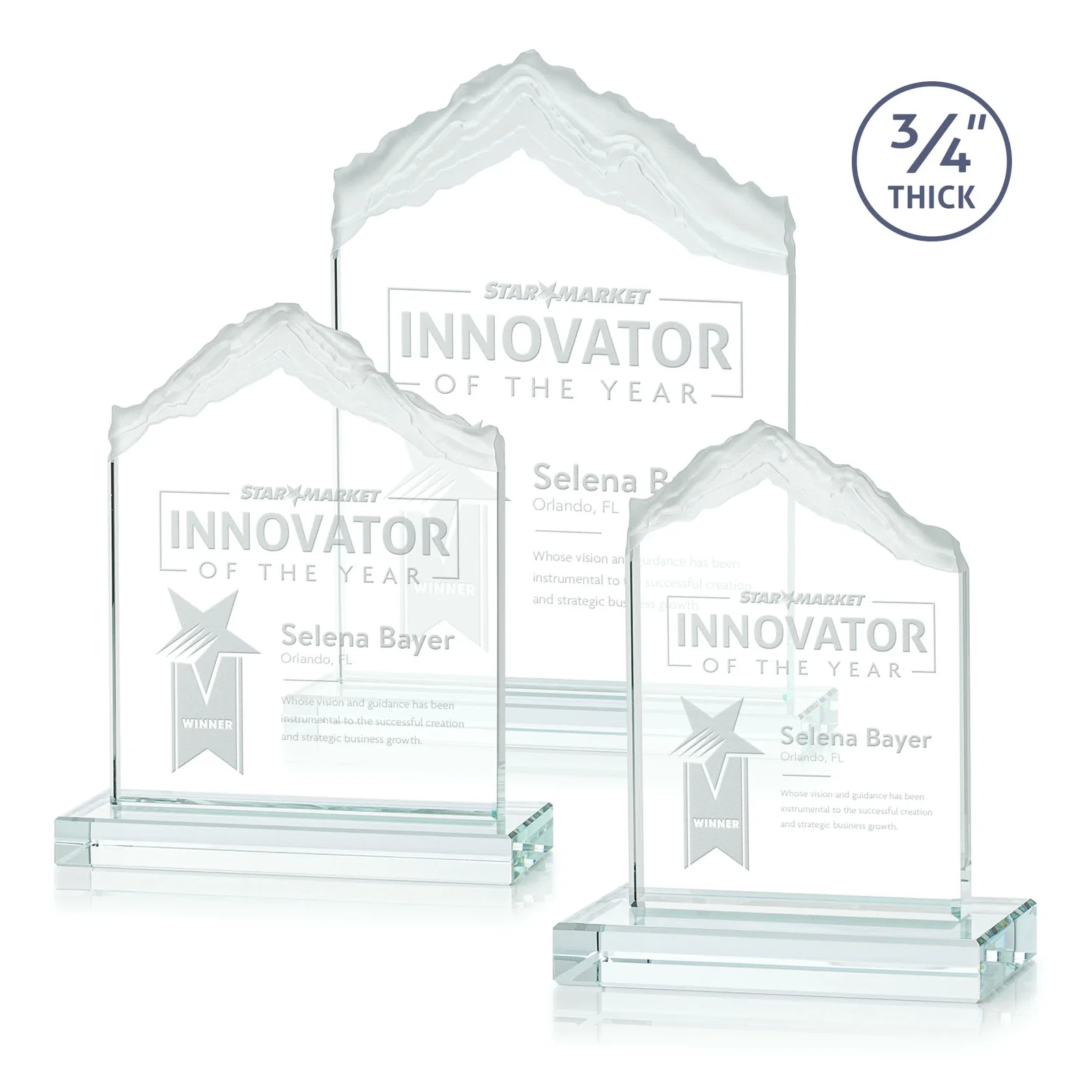 Custom Jade Glass Mountain Award With Dual Imprint Areas Per Size for employee recognition