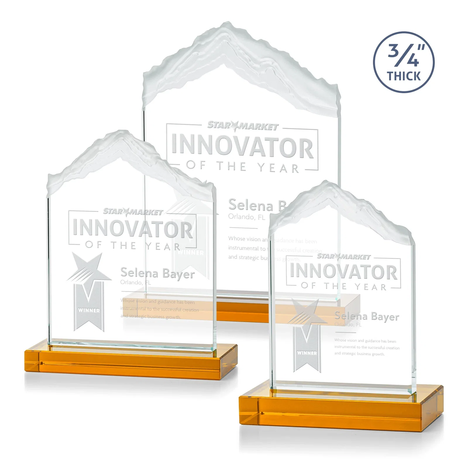 Custom Jade Glass Mountain Award With Dual Imprint Areas Per Size for volunteer appreciation