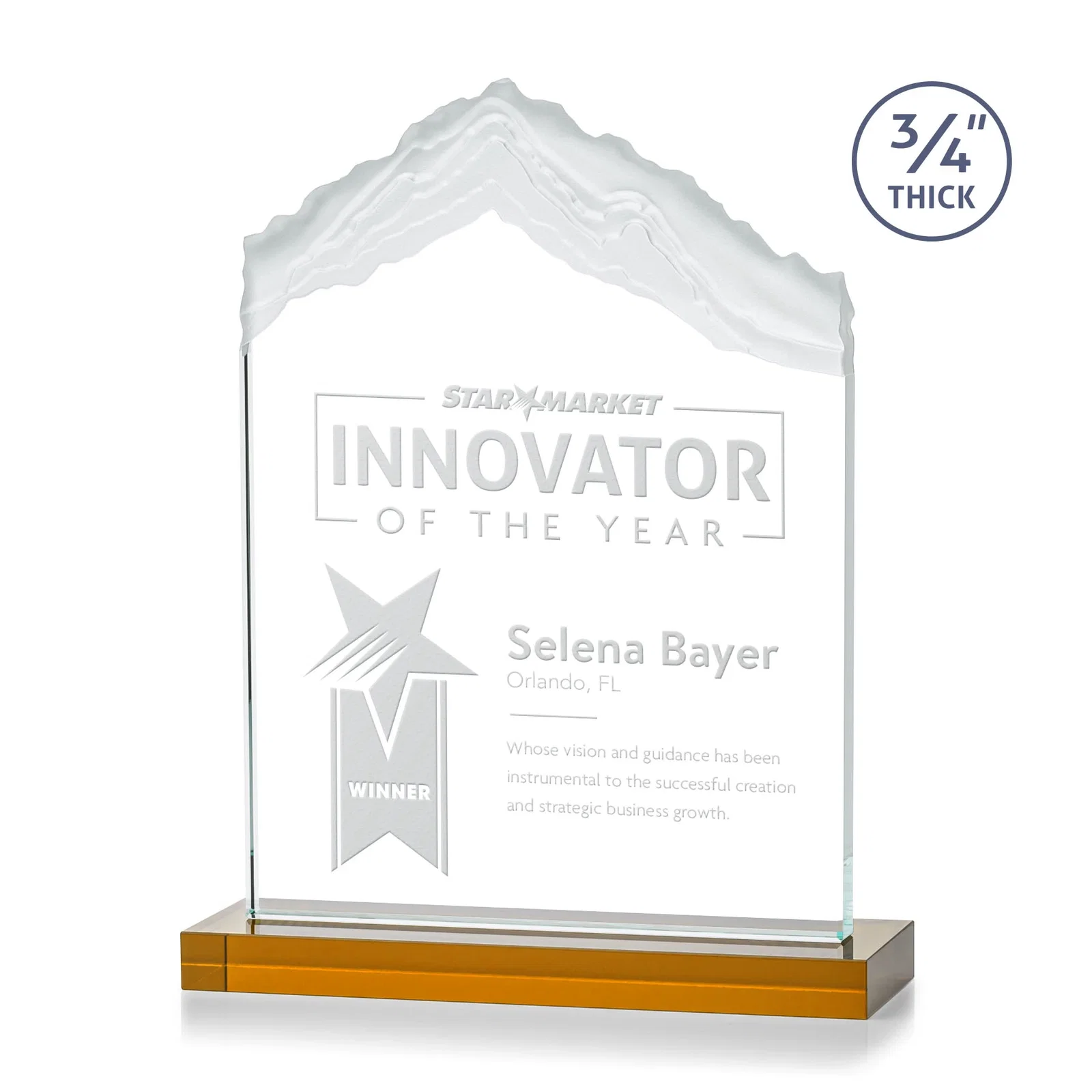 Personalized Jade Glass Mountain Award With Dual Imprint Areas Per Size for employee recognition