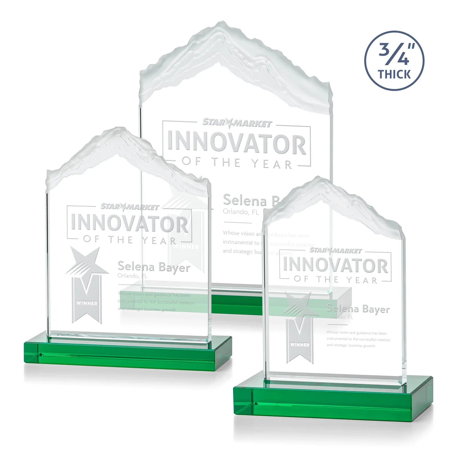Personalized Jade Glass Mountain Award With Dual Imprint Areas Per Size for corporate award ceremonies