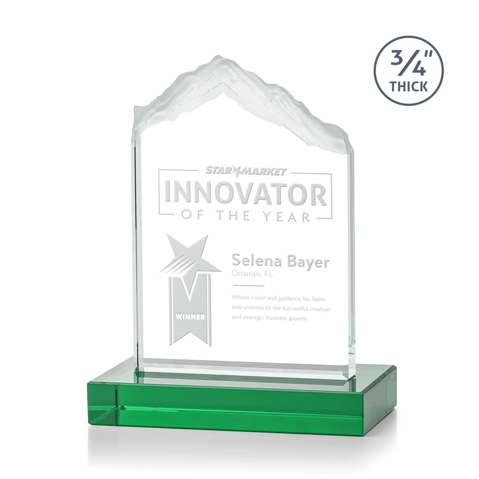 Personalized Jade Glass Mountain Award With Dual Imprint Areas Per Size for service anniversary gifts