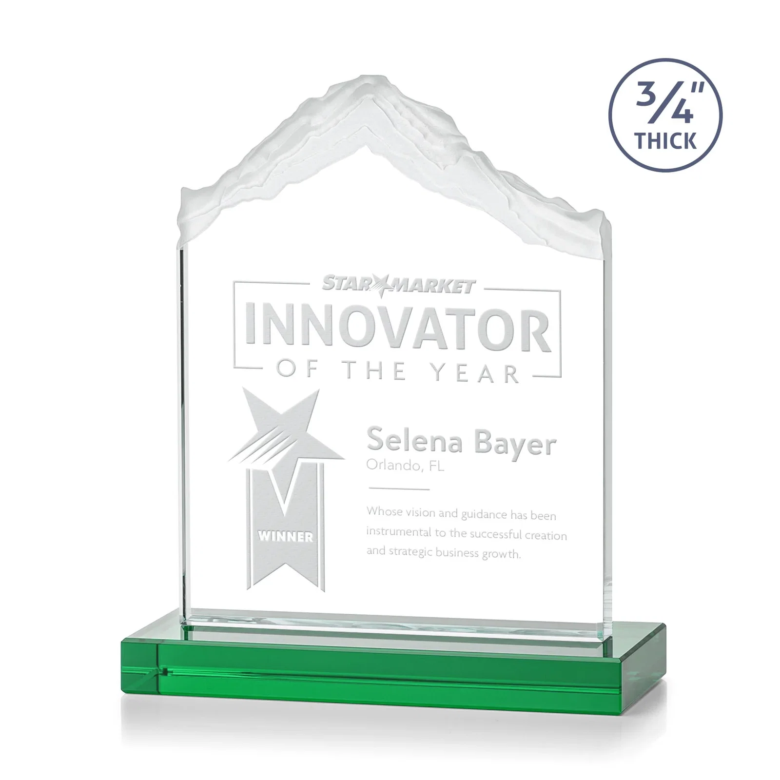 Personalized Jade Glass Mountain Award With Dual Imprint Areas Per Size for sales achievement awards