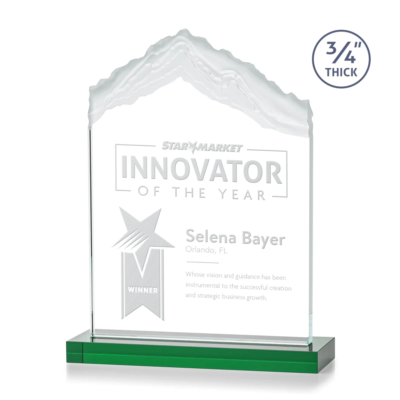 Personalized Jade Glass Mountain Award With Dual Imprint Areas Per Size for retirement presentations
