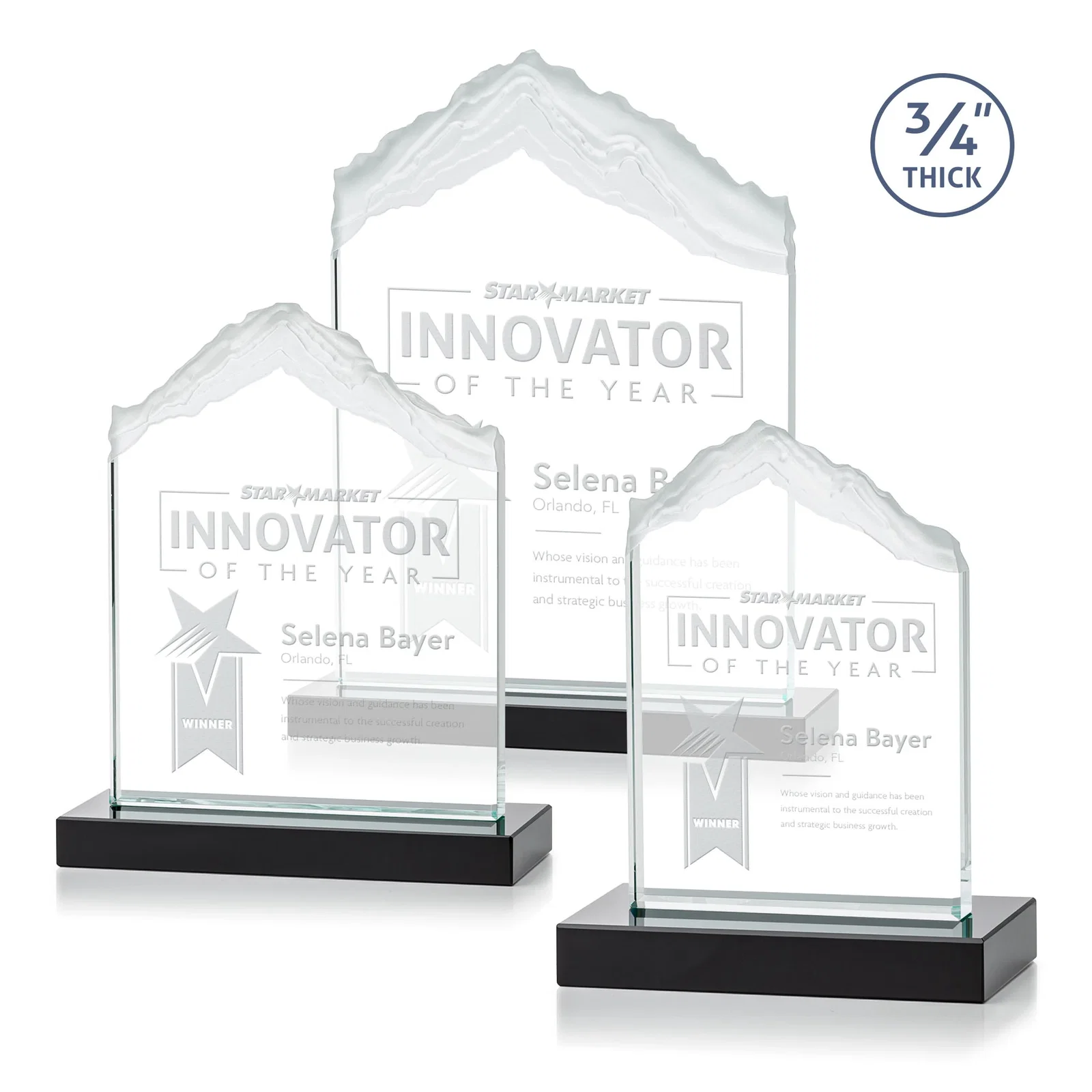 Personalized Jade Glass Mountain Award With Dual Imprint Areas Per Size for team milestone celebrations