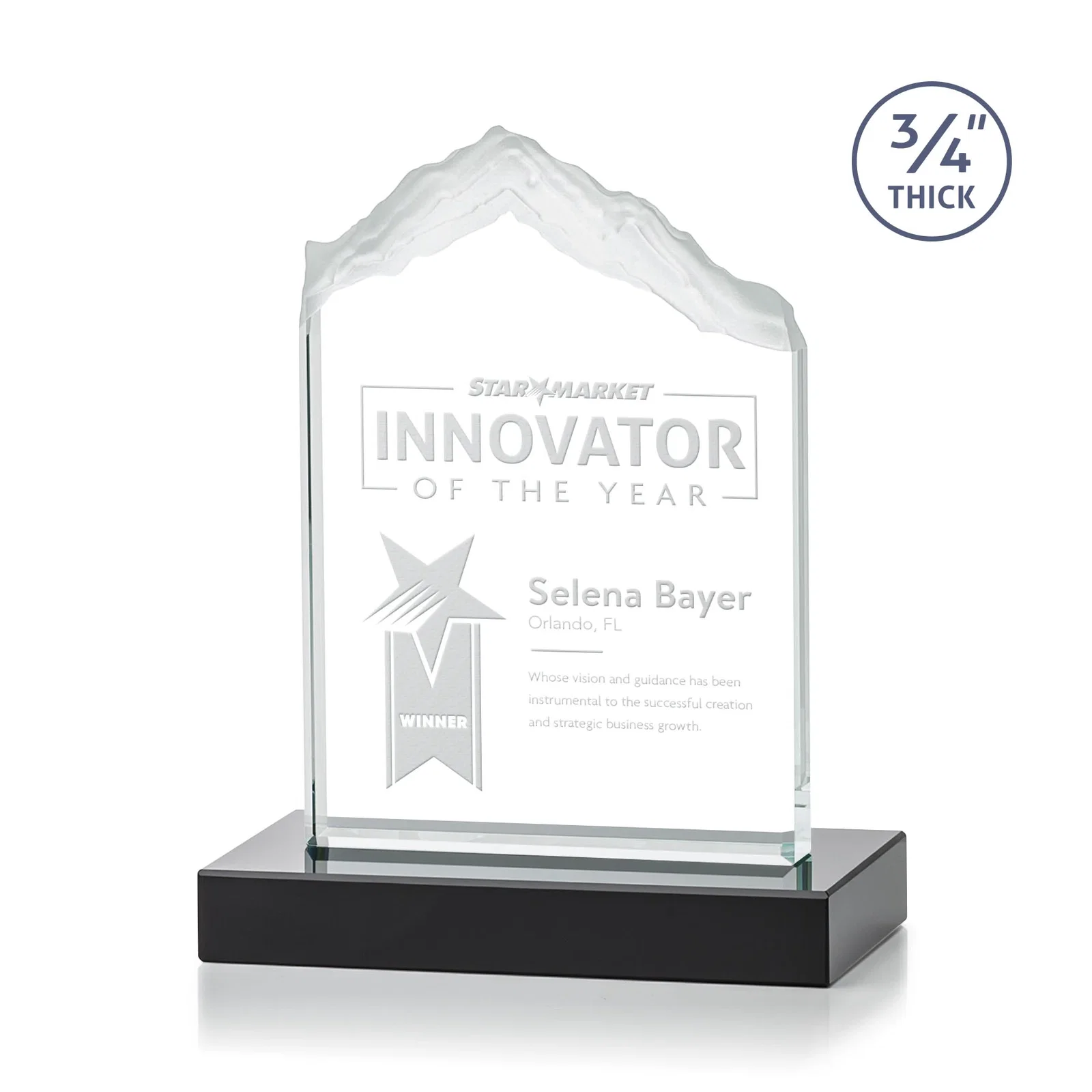 Personalized Jade Glass Mountain Award With Dual Imprint Areas Per Size for donor appreciation