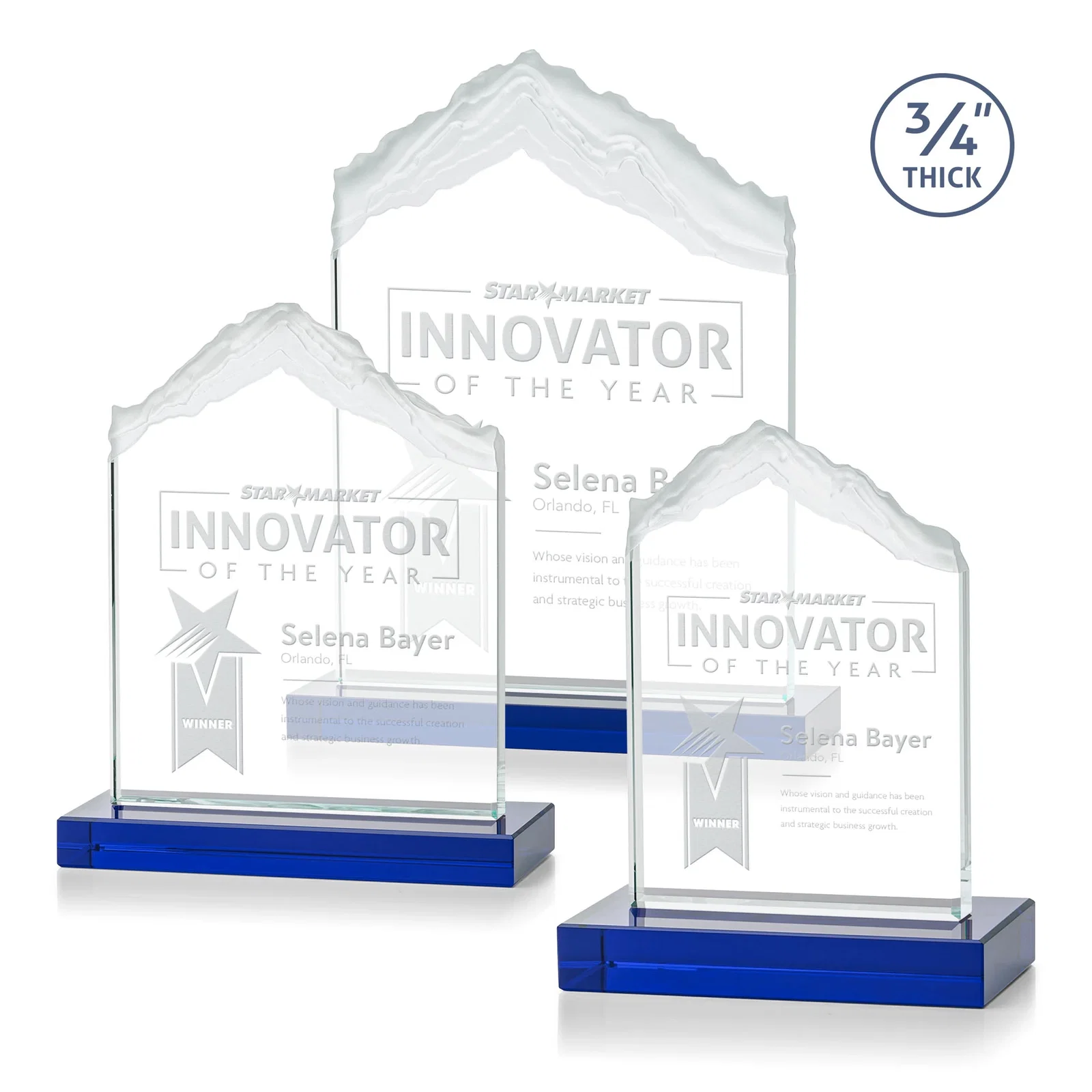 Personalized Jade Glass Mountain Award With Dual Imprint Areas Per Size for volunteer appreciation