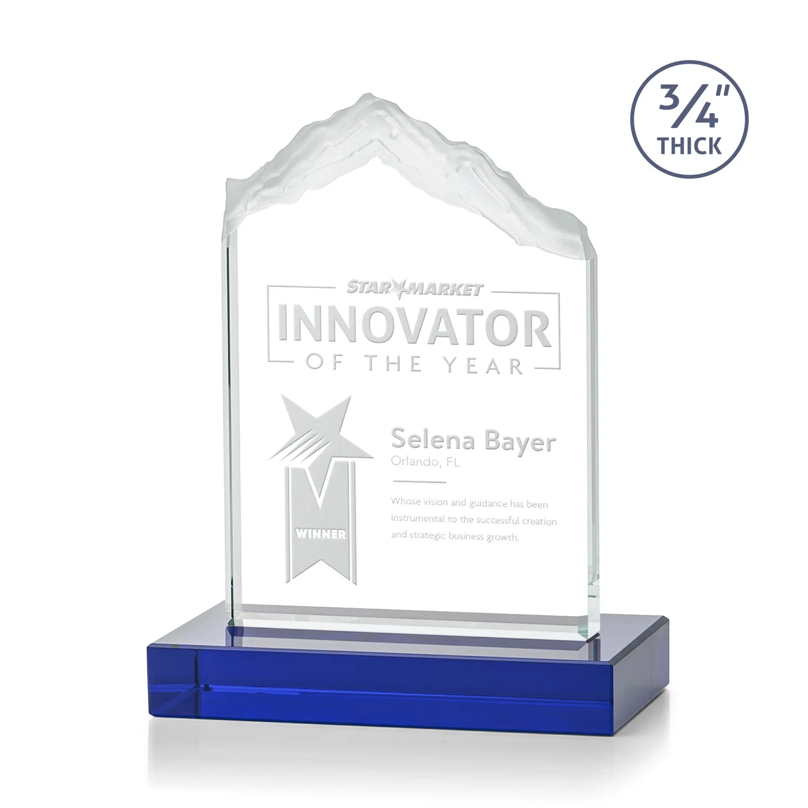 Personalized Jade Glass Mountain Award With Dual Imprint Areas Per Size for dealer and partner awards