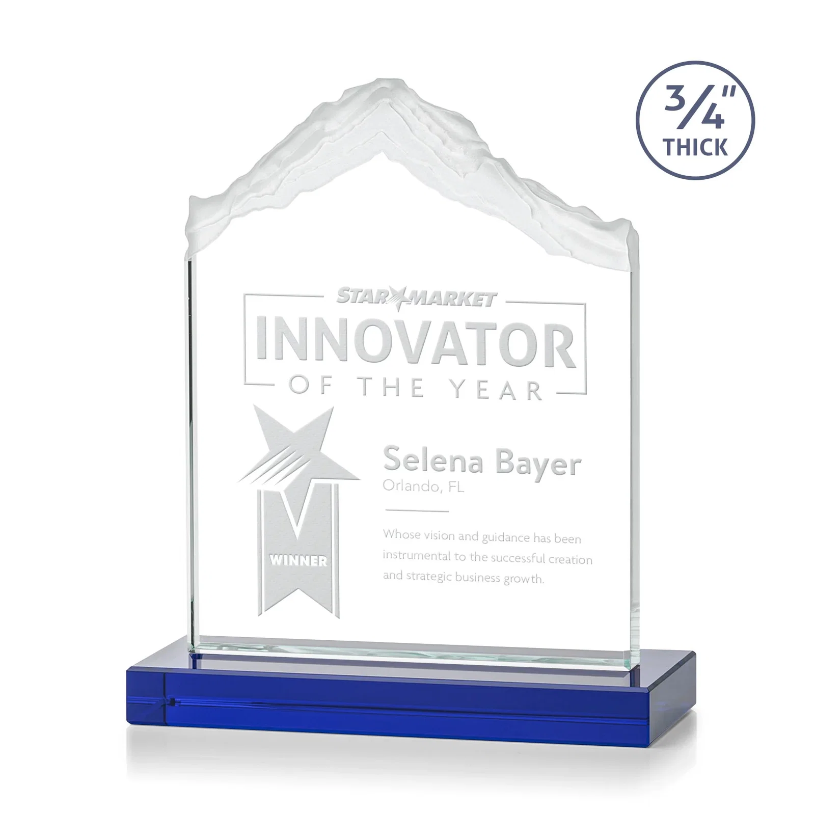 Personalized Jade Glass Mountain Award With Dual Imprint Areas Per Size for company anniversary events