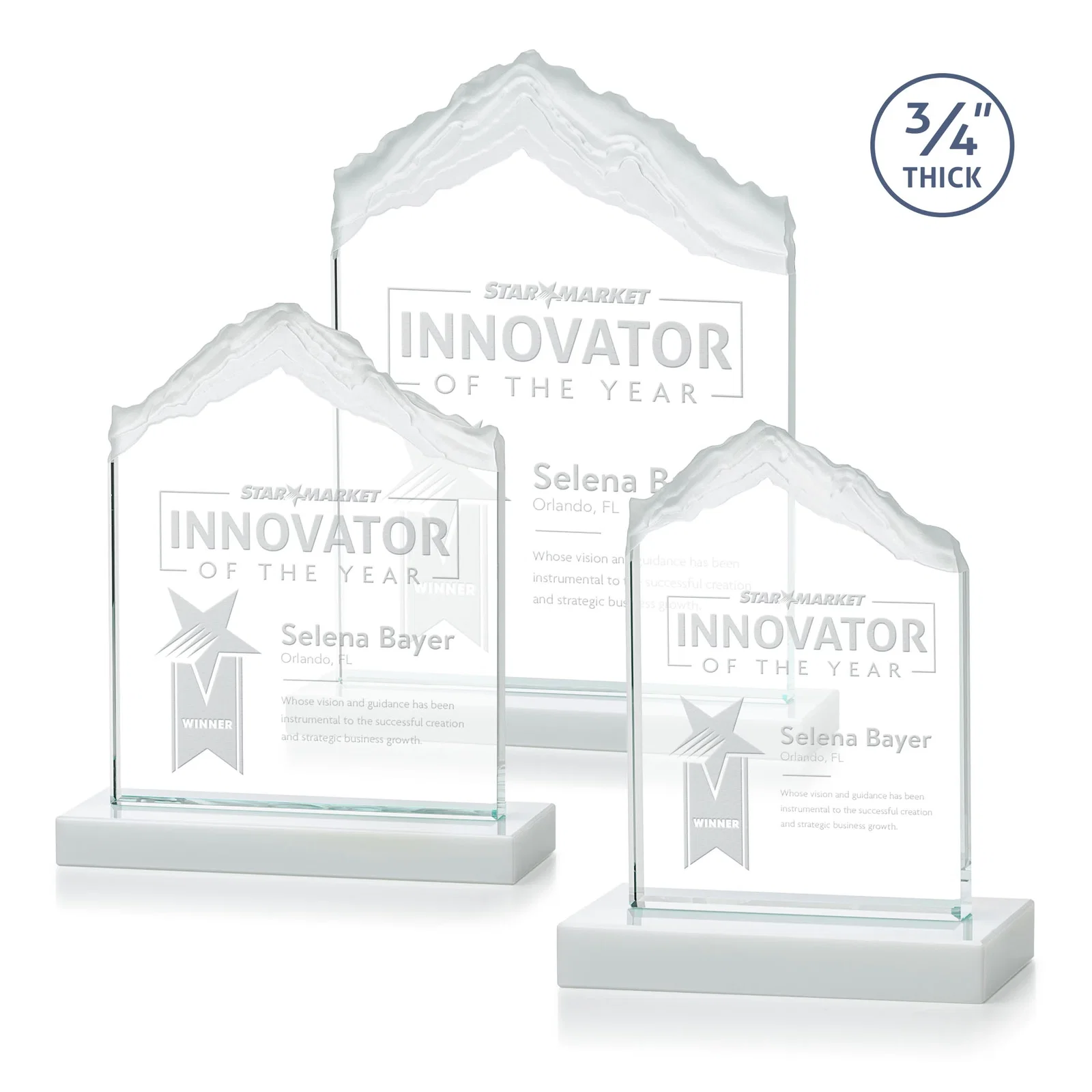 Promotional Jade Glass Mountain Award With Dual Imprint Areas Per Size for volunteer appreciation