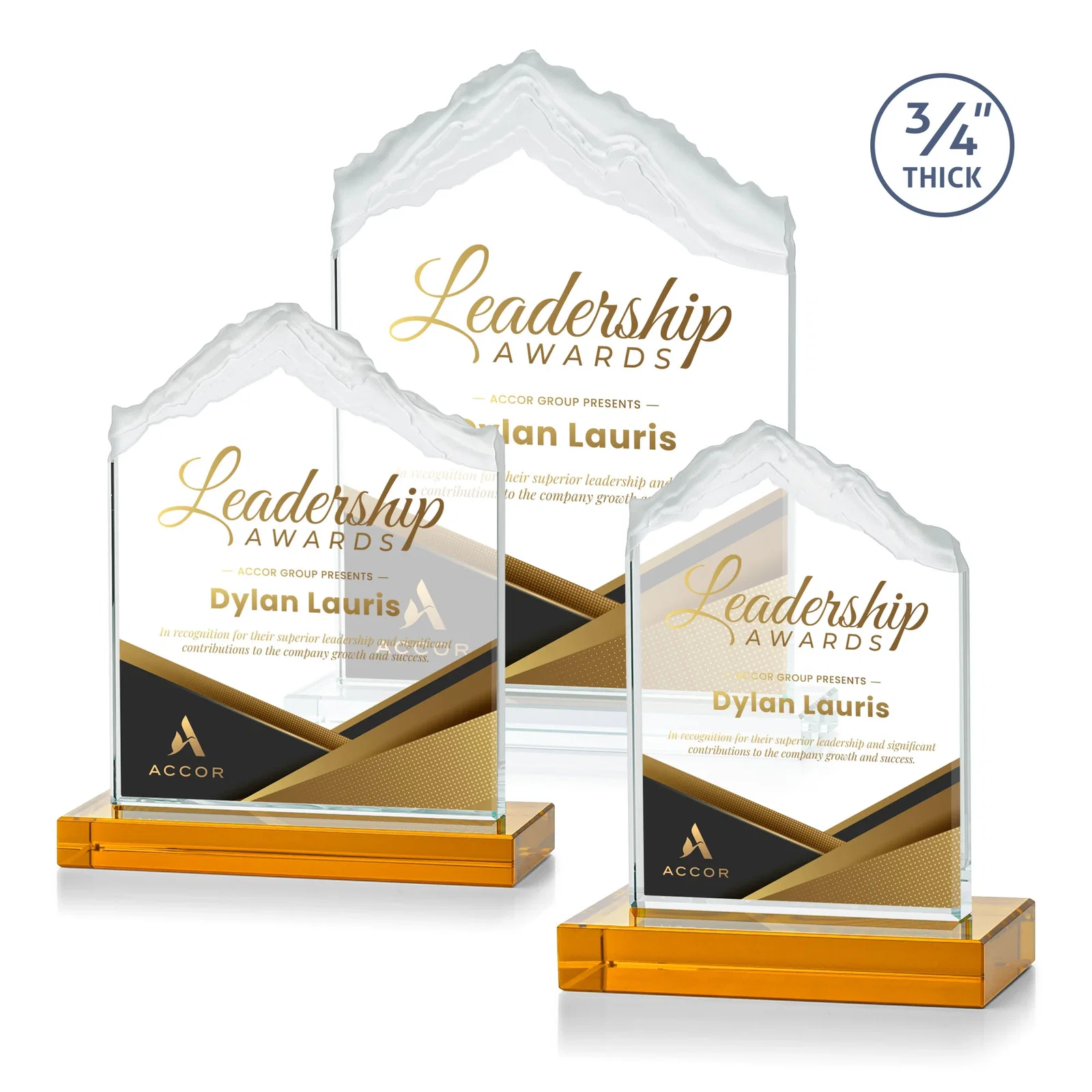 Branded Jade Glass Mountain Award With Dual Imprint Areas Per Size for team milestone celebrations