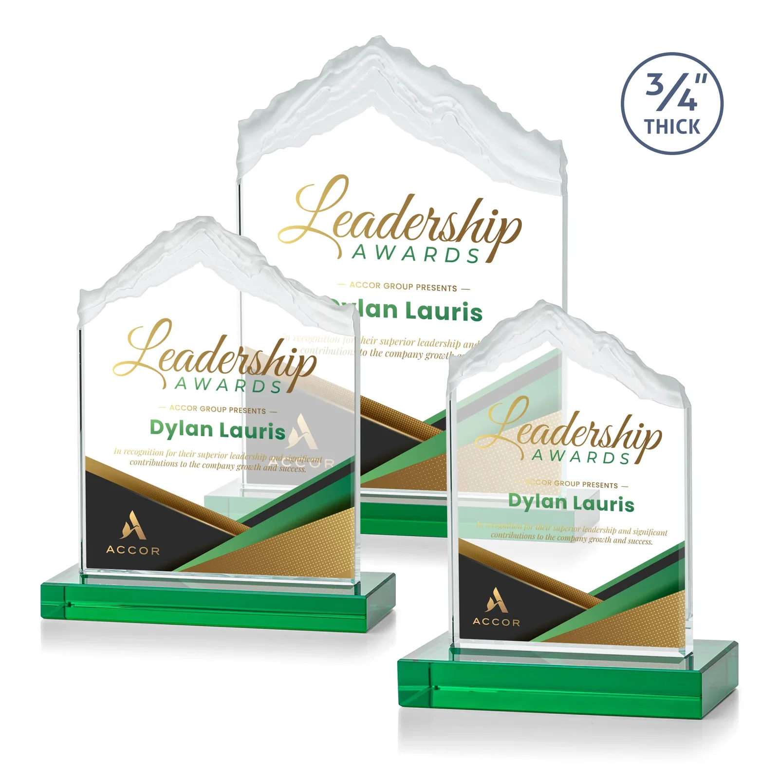 Branded Jade Glass Mountain Award With Dual Imprint Areas Per Size for volunteer appreciation