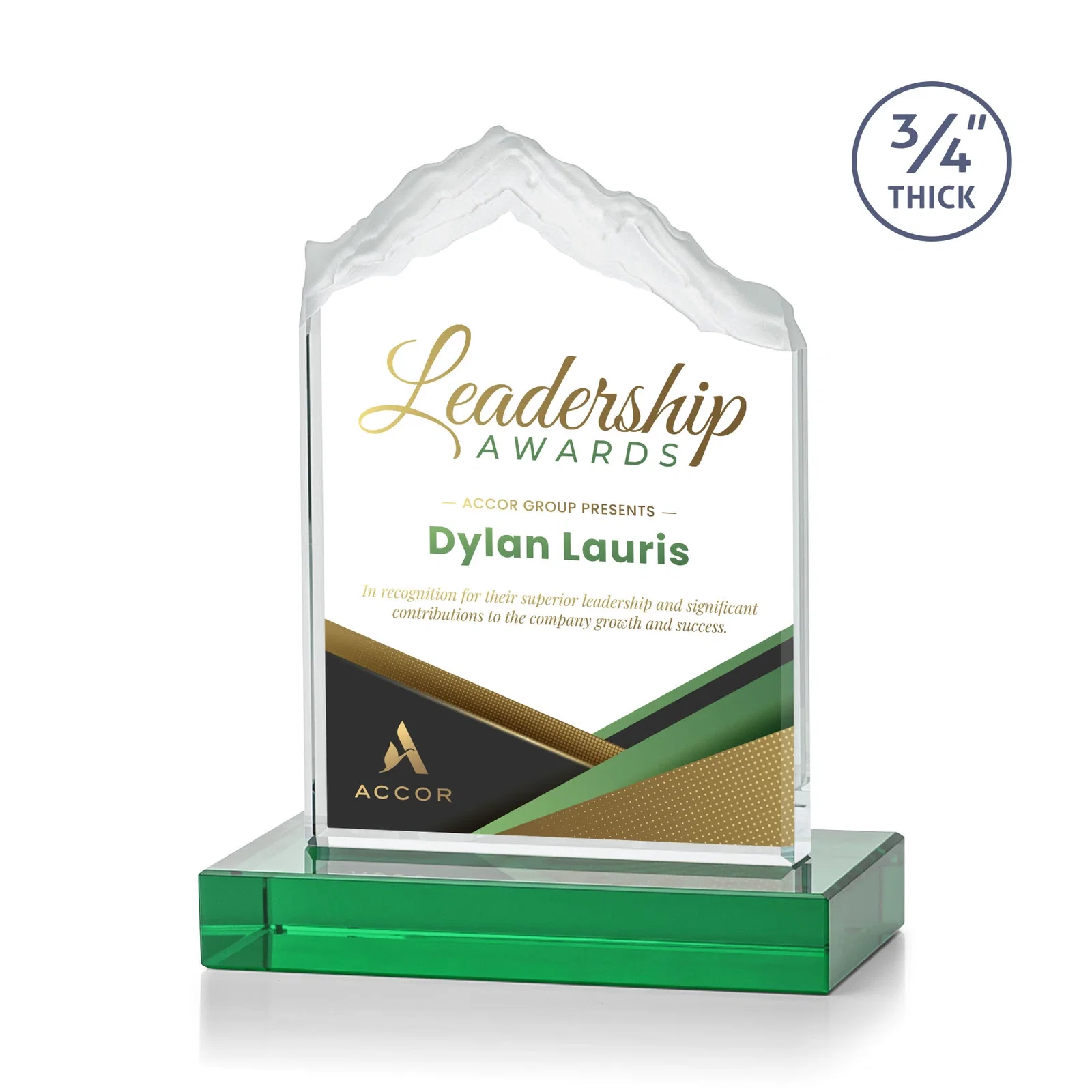 Branded Jade Glass Mountain Award With Dual Imprint Areas Per Size for dealer and partner awards