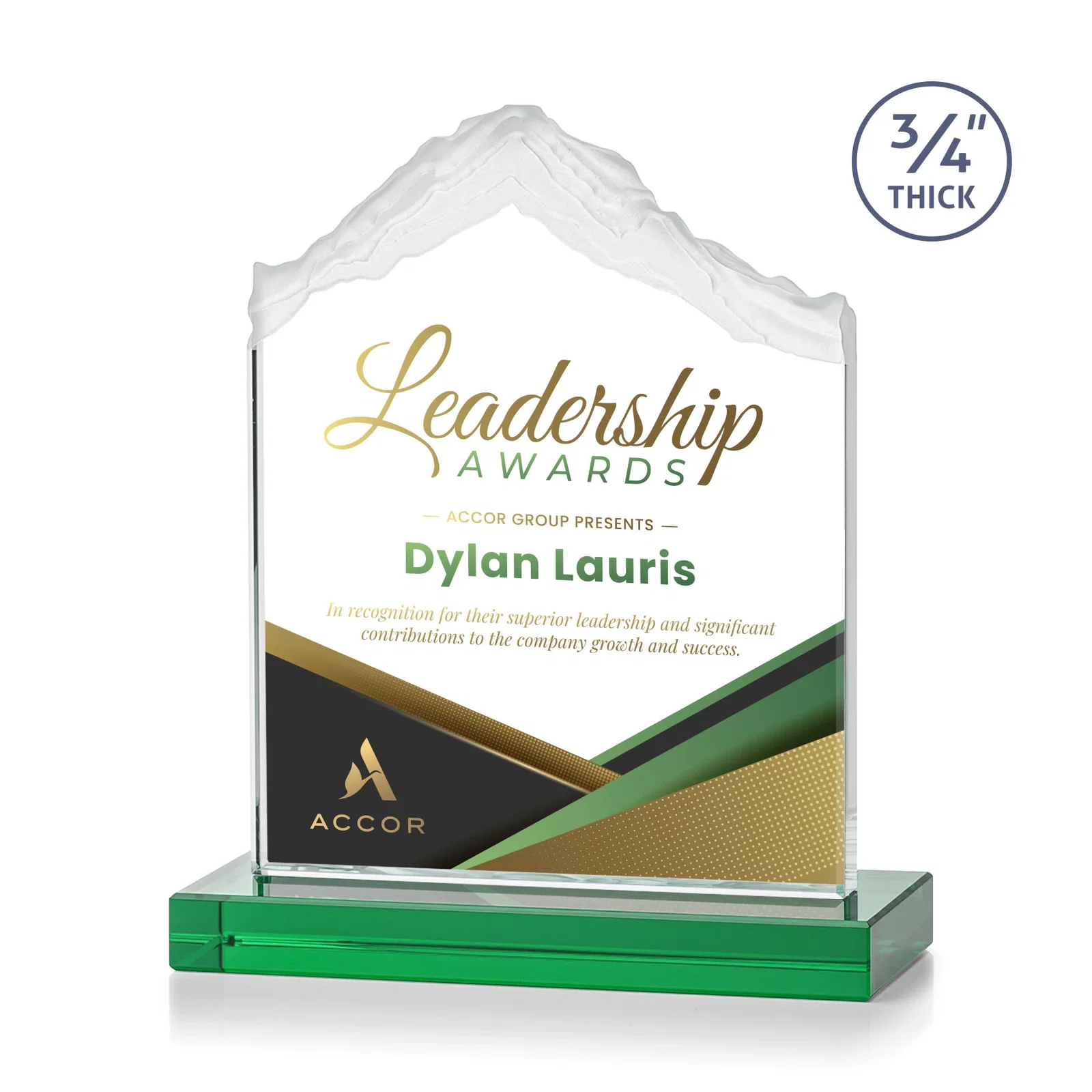 Branded Jade Glass Mountain Award With Dual Imprint Areas Per Size for company anniversary events