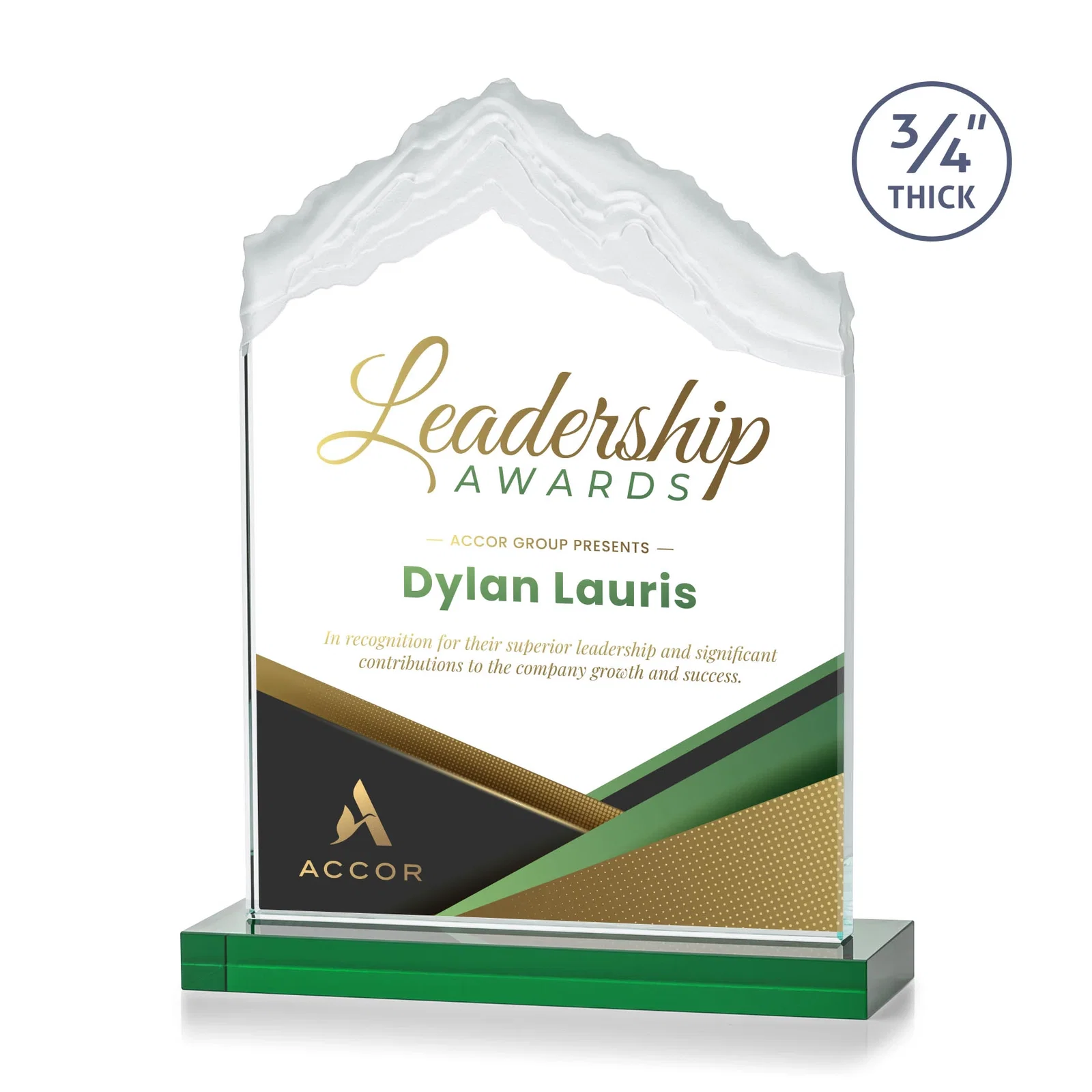 Custom printed Jade Glass Mountain Award With Dual Imprint Areas Per Size for employee recognition