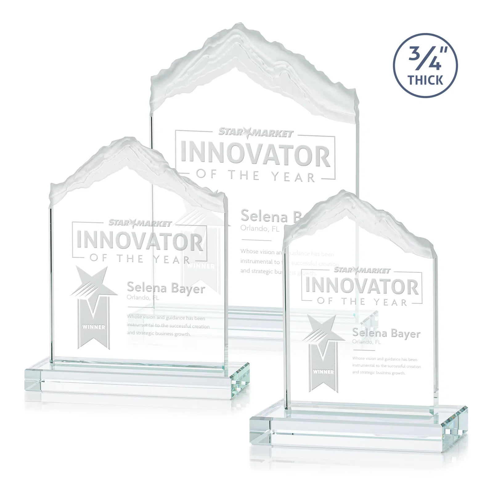 Custom Jade Glass Mountain Award With Dual Imprint Areas Per Size for team milestone celebrations