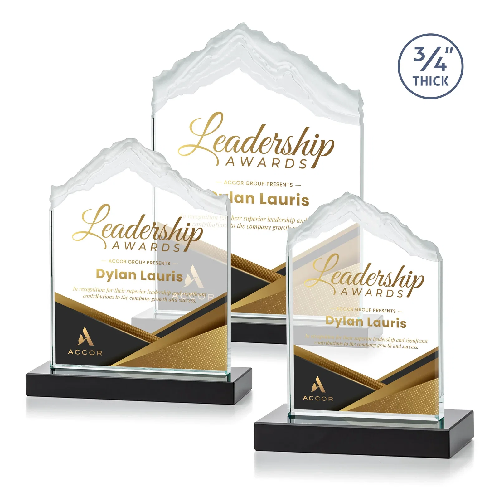 Custom printed Jade Glass Mountain Award With Dual Imprint Areas Per Size for corporate award ceremonies