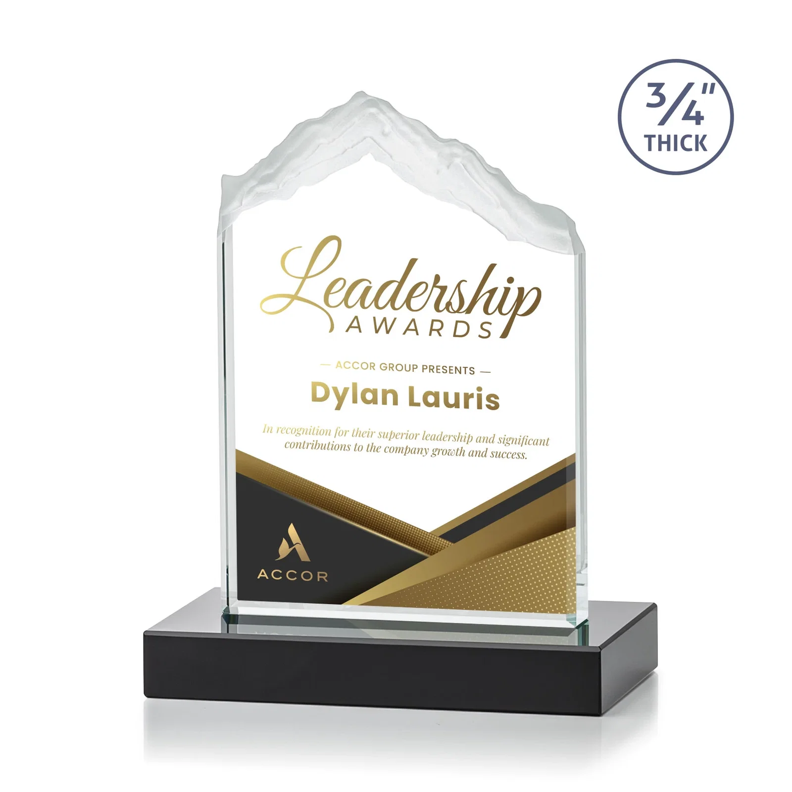 Custom printed Jade Glass Mountain Award With Dual Imprint Areas Per Size for service anniversary gifts