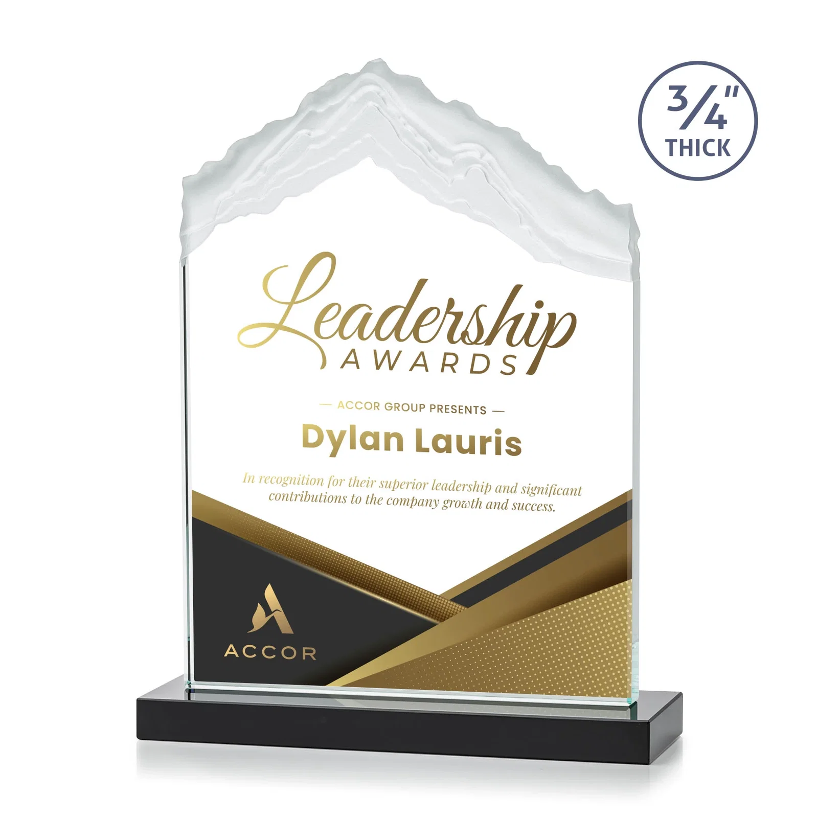 Custom printed Jade Glass Mountain Award With Dual Imprint Areas Per Size for retirement presentations
