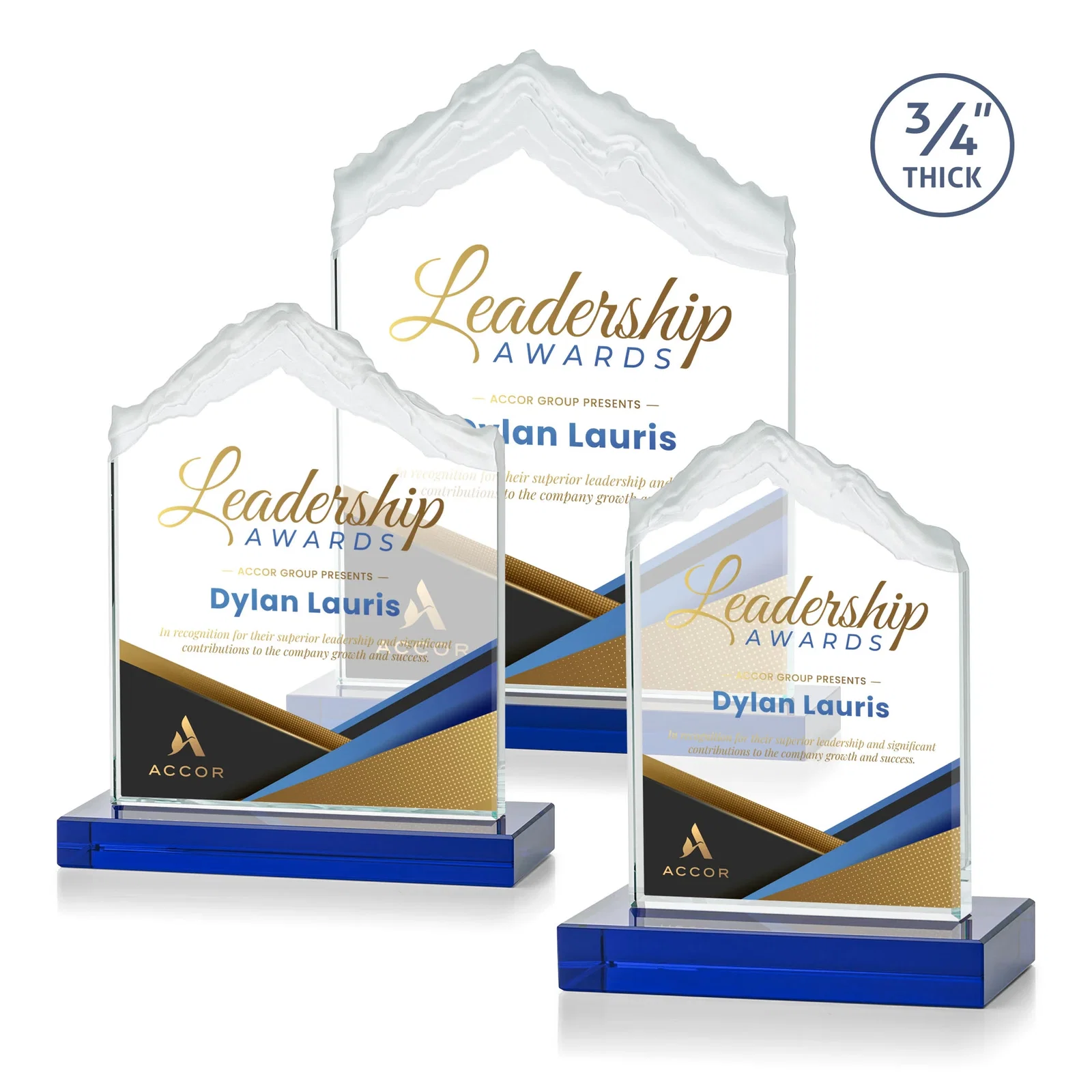 Custom printed Jade Glass Mountain Award With Dual Imprint Areas Per Size for team milestone celebrations