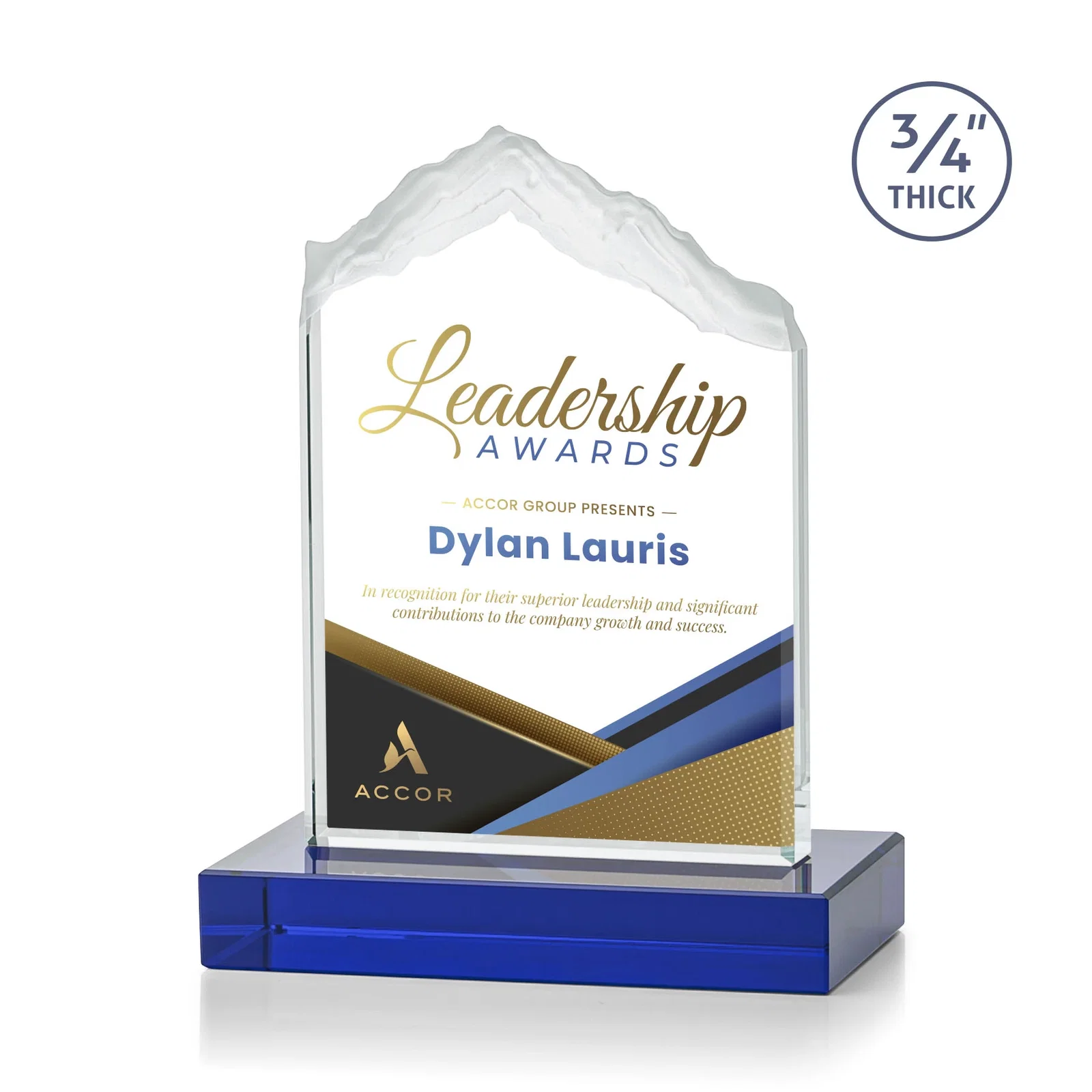 Custom printed Jade Glass Mountain Award With Dual Imprint Areas Per Size for donor appreciation