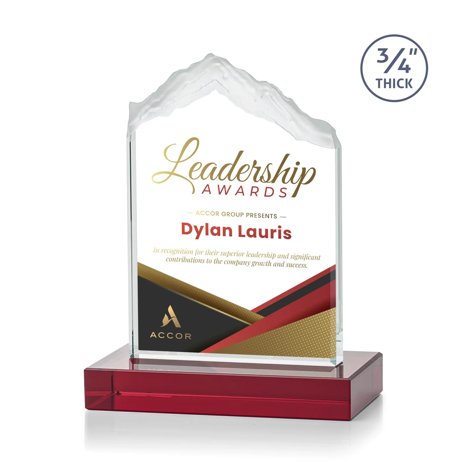 Custom printed Jade Glass Mountain Award With Dual Imprint Areas Per Size for dealer and partner awards