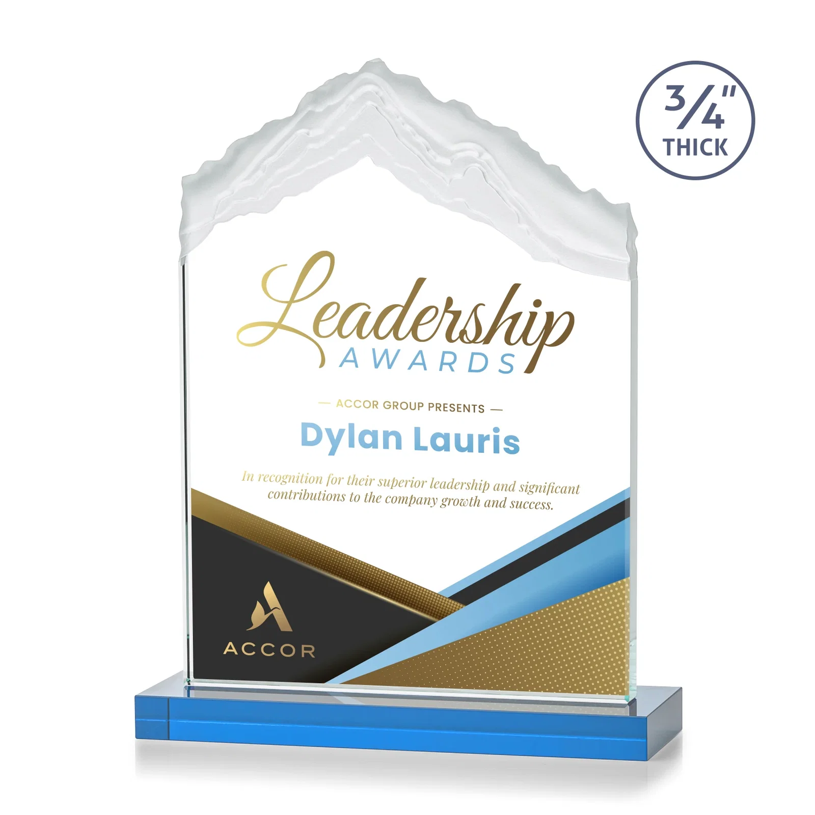 Customized Jade Glass Mountain Award With Dual Imprint Areas Per Size for retirement presentations