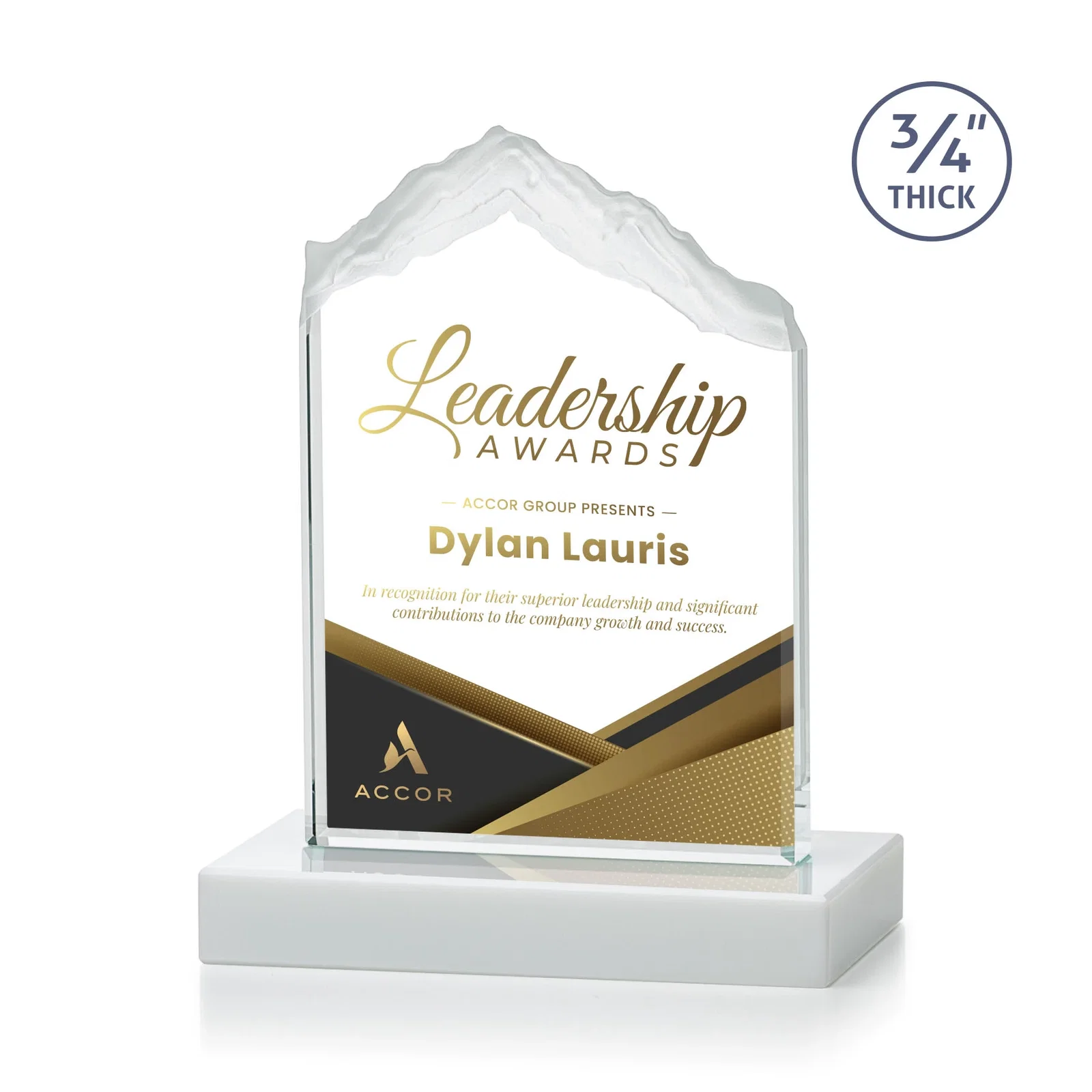 Customized Jade Glass Mountain Award With Dual Imprint Areas Per Size for donor appreciation