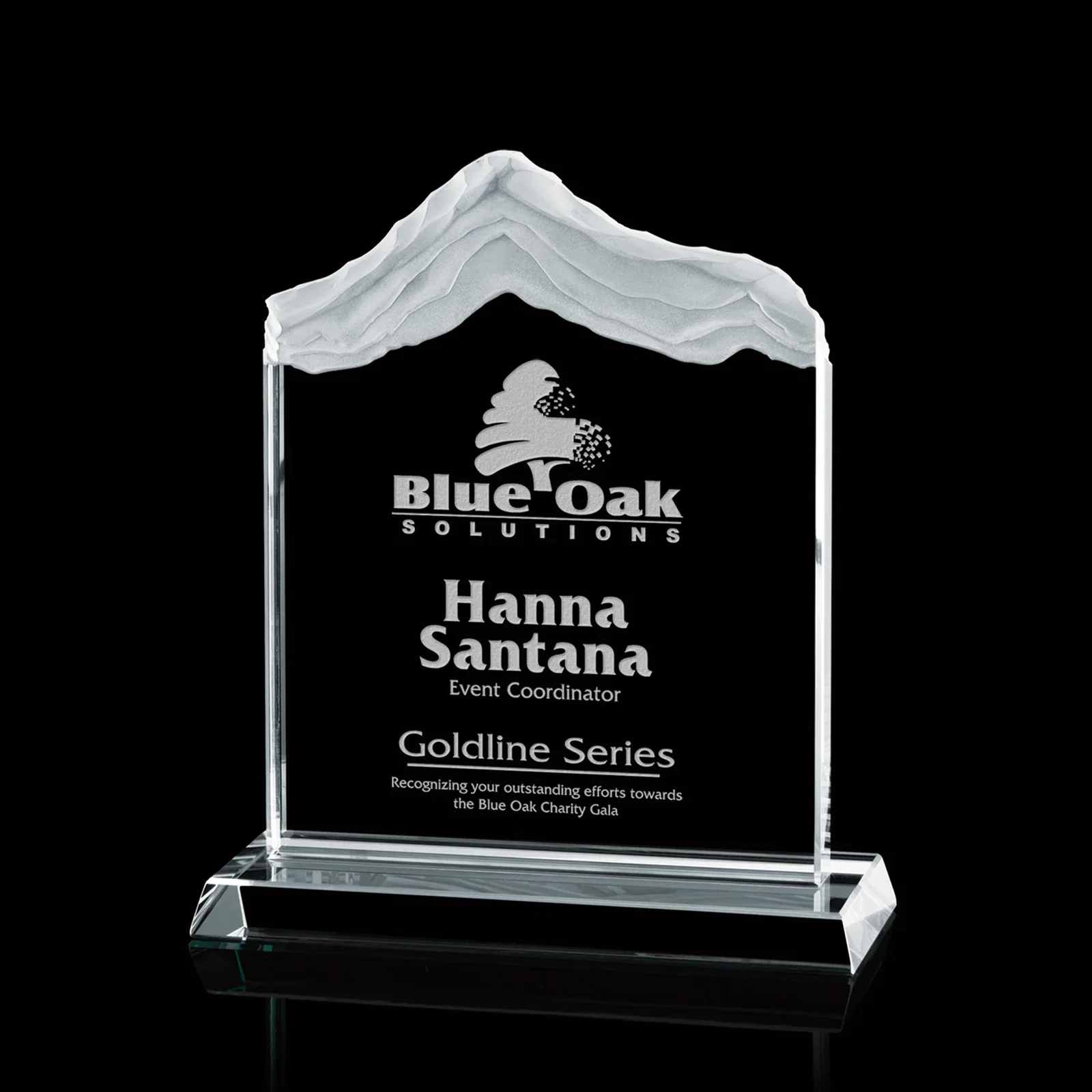 Custom Starfire Crystal Award with Carved Layered Snow-Cap Peak, awards for employee recognition
