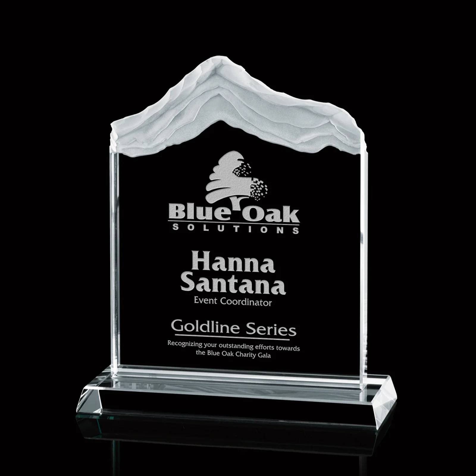 Custom Starfire Crystal Award with Carved Layered Snow-Cap Peak, awards for corporate award ceremonies