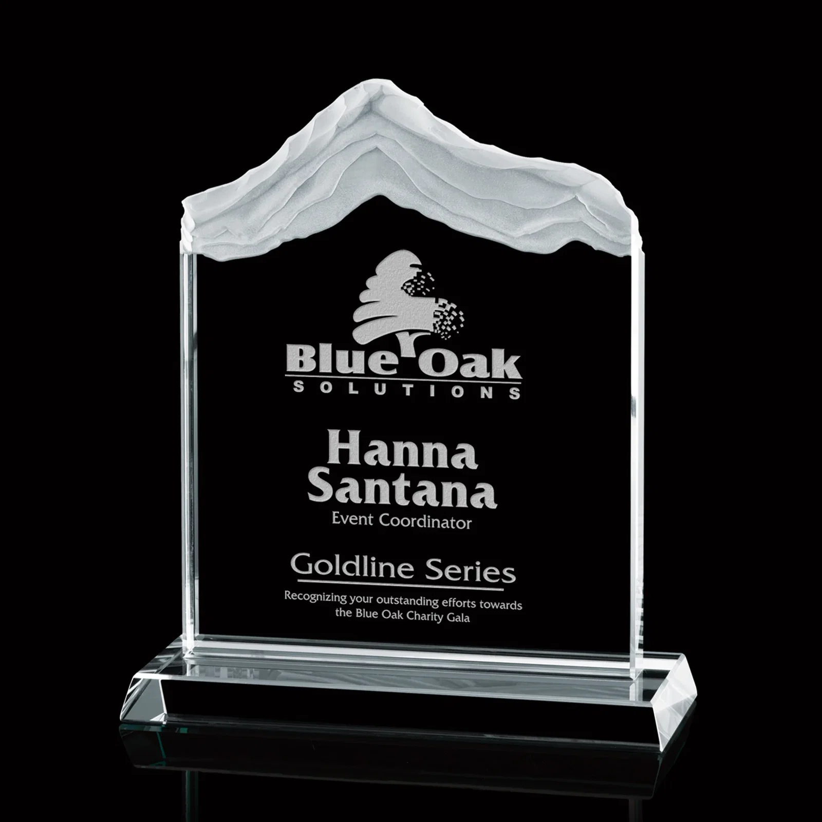 Custom Starfire Crystal Award with Carved Layered Snow-Cap Peak, awards for service anniversary gifts