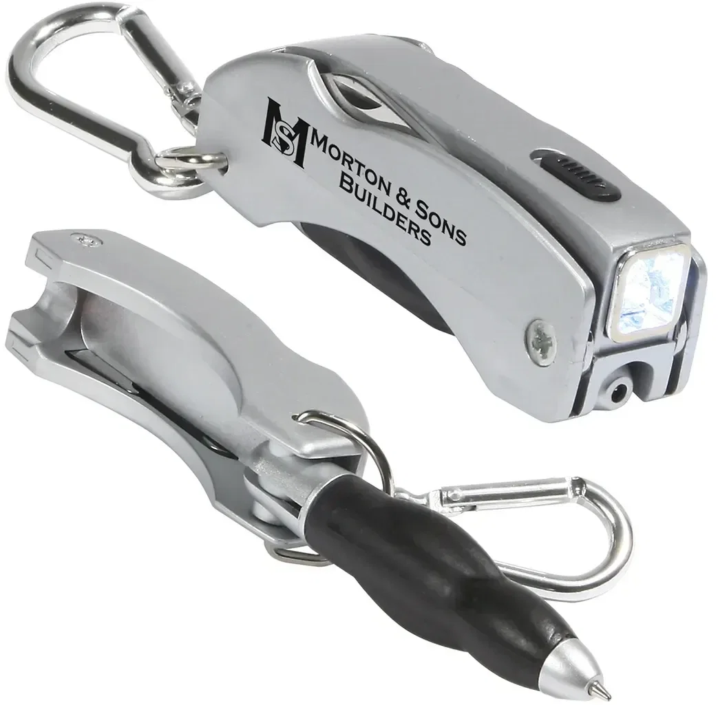 Promotional branded Everything Tool carabiner with pen, light and knife, detail view