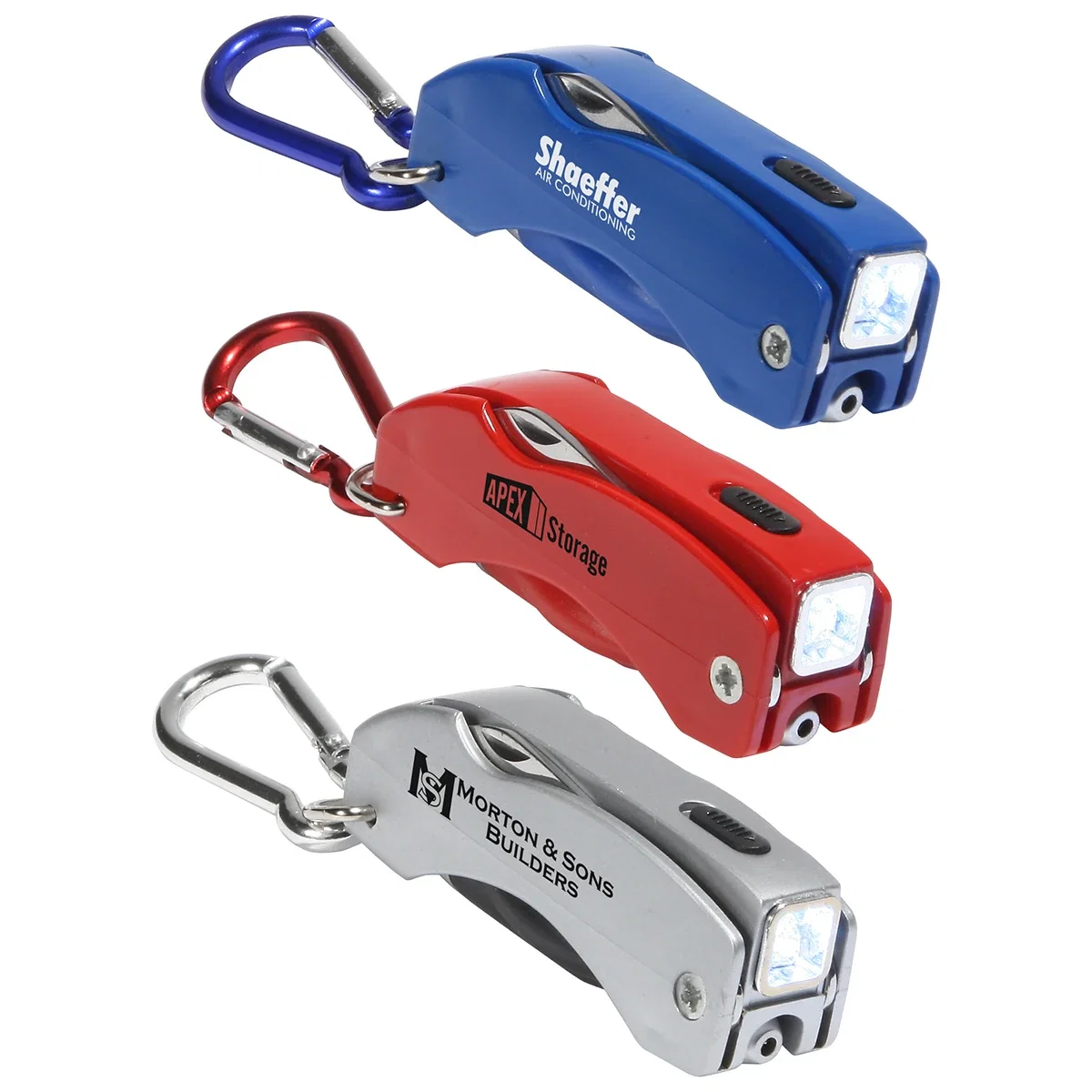 Custom Everything Tool 5-in-1 carabiner clipped to keys, lifestyle shot with logo