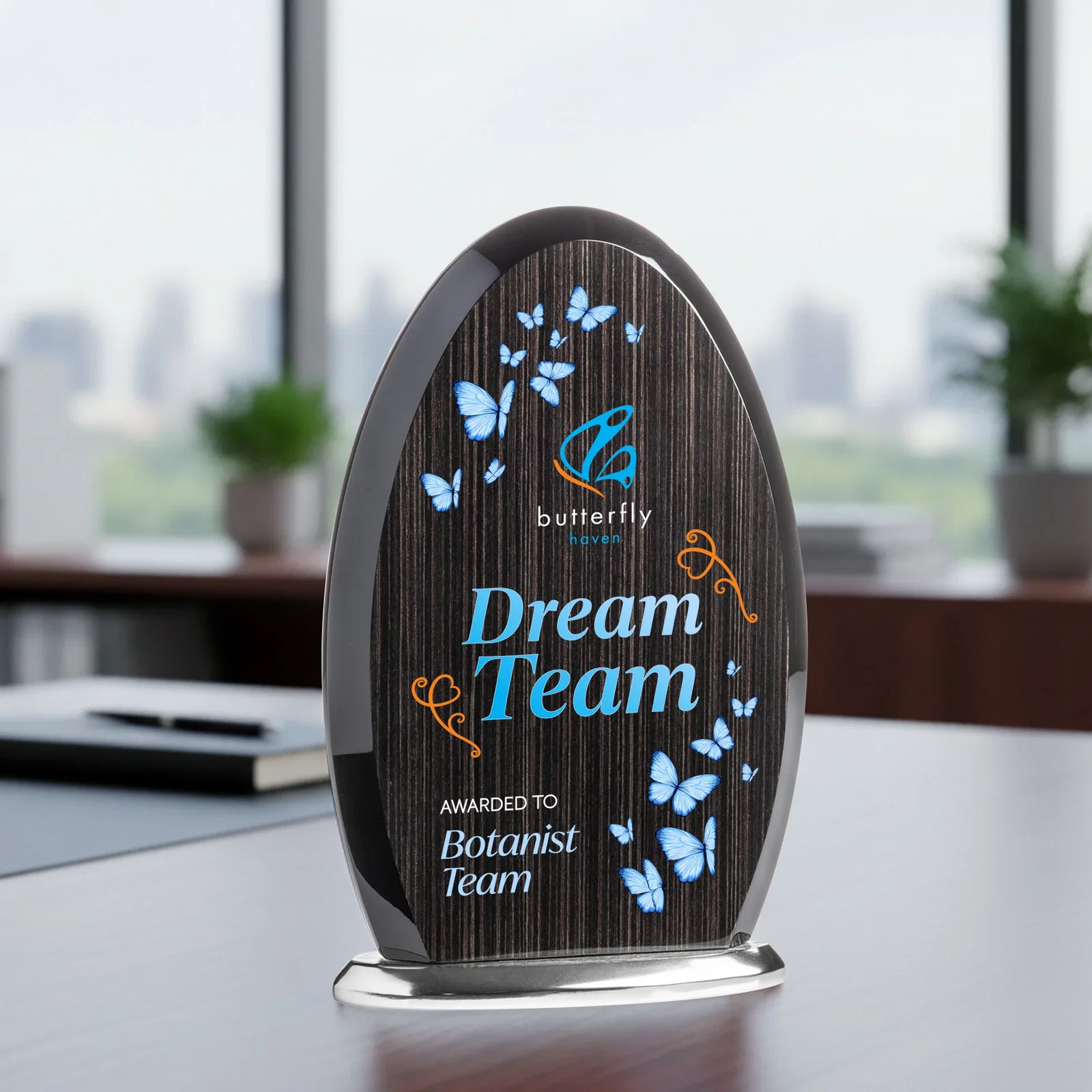 Personalized Freestanding Slatewood Composite Arch Award on Aluminum Base for retirement presentations