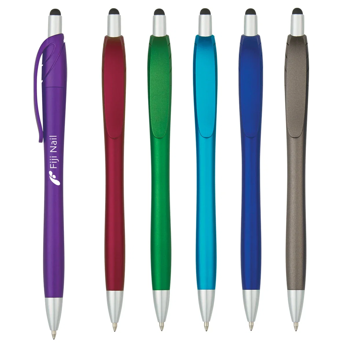 Rounded stylus end resting against a touch screen