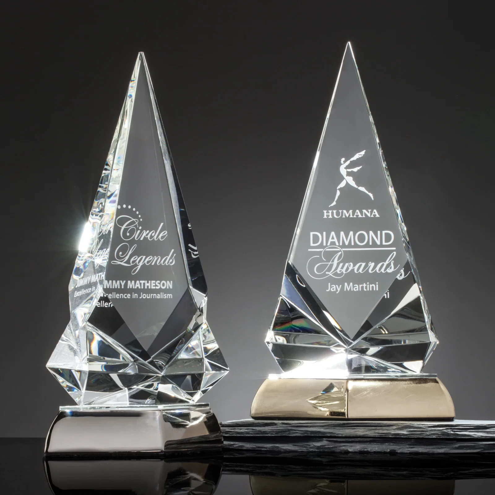 Custom Optical Crystal Spear Award on Mirror-Topped Metal Base for employee recognition