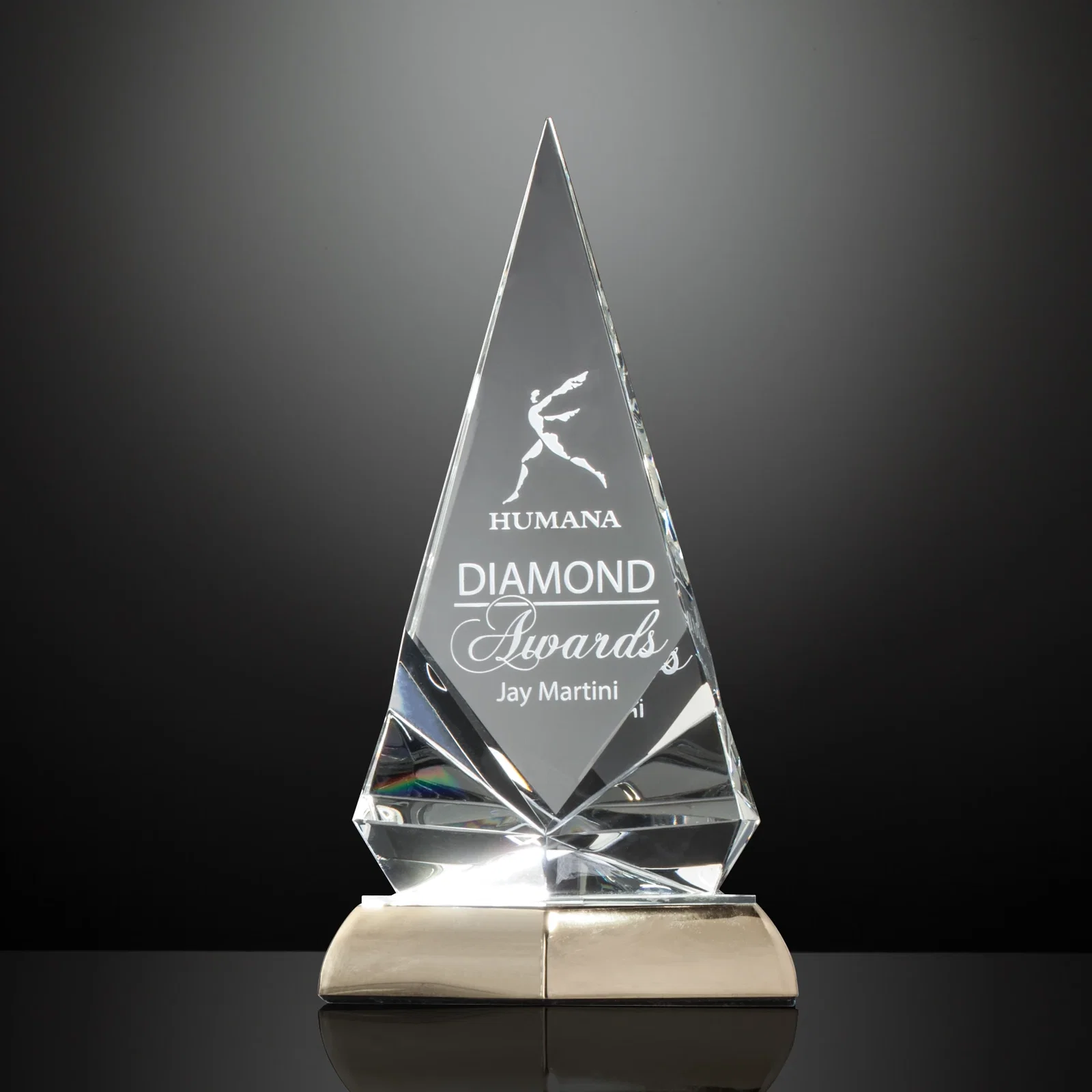 Custom Optical Crystal Spear Award on Mirror-Topped Metal Base for corporate award ceremonies