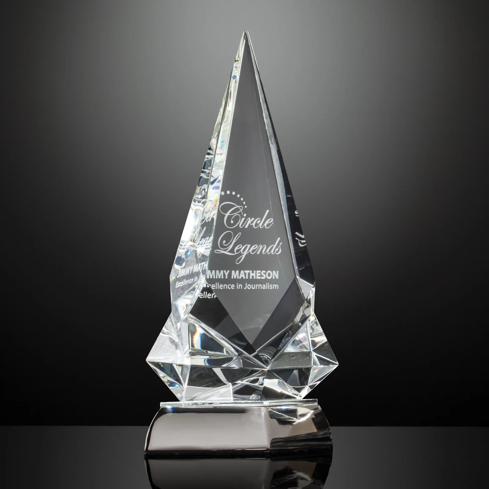 Custom Optical Crystal Spear Award on Mirror-Topped Metal Base for service anniversary gifts