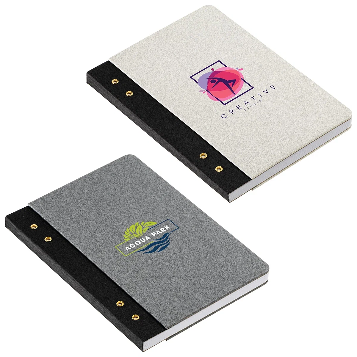 Custom Executive FSC® Journal with Textured Grommet Spine, front view of the branded journal