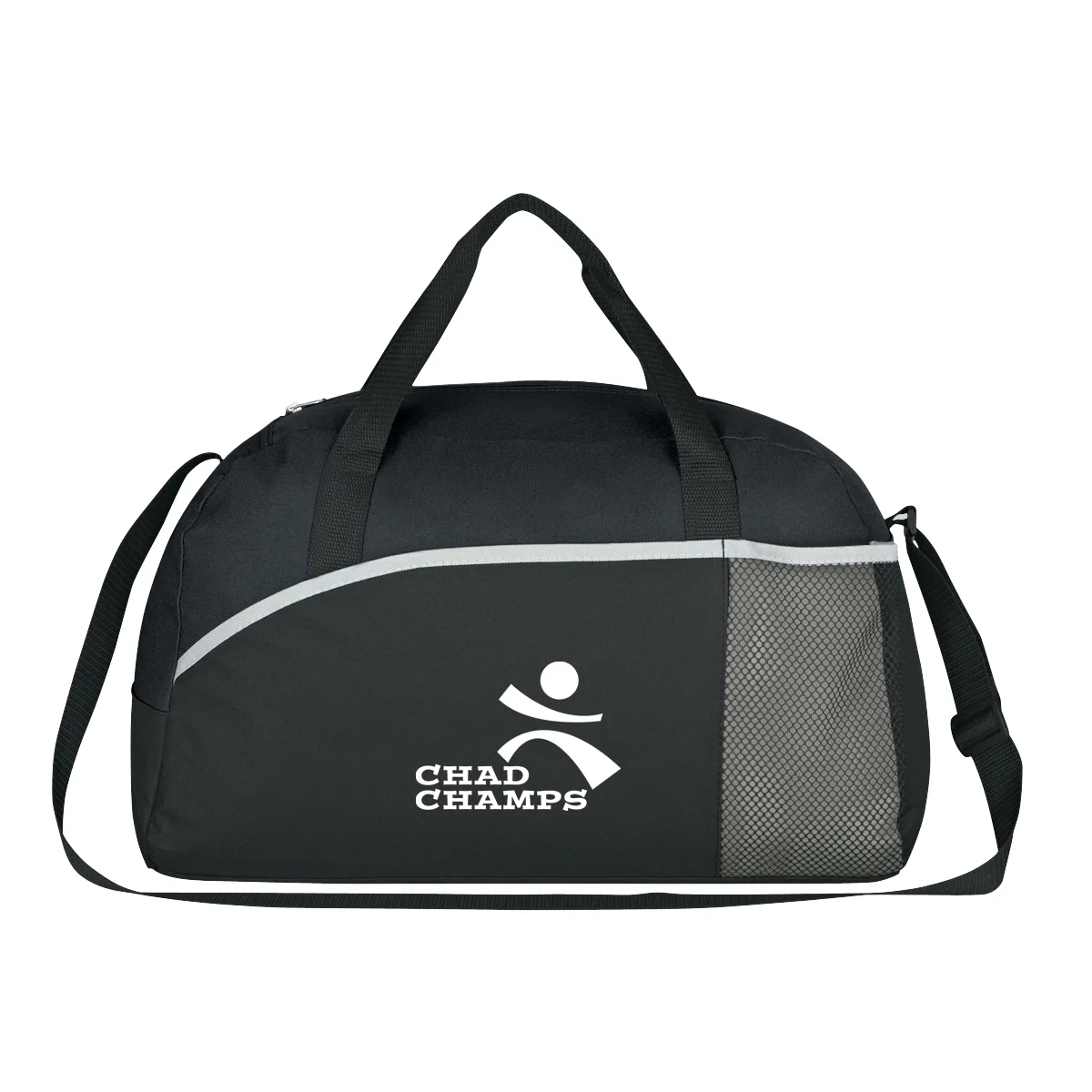 Black duffel bag with gray trim shown from the front