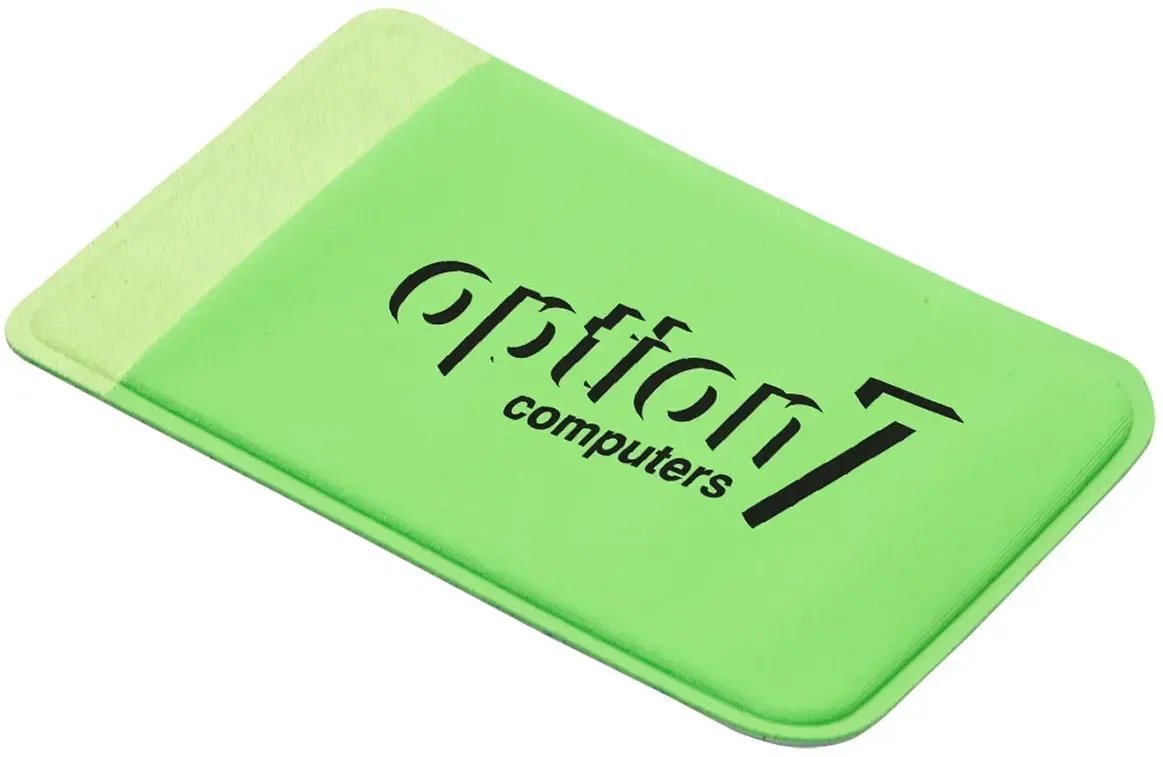 Branded Lycra phone wallet adhered to the back of a phone, promotional tech giveaway