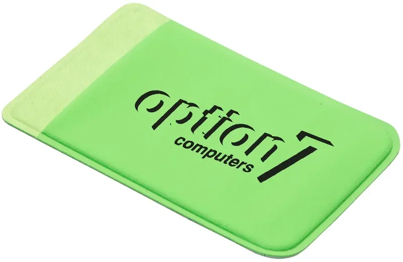Branded Lycra phone wallet adhered to the back of a phone, promotional tech giveaway