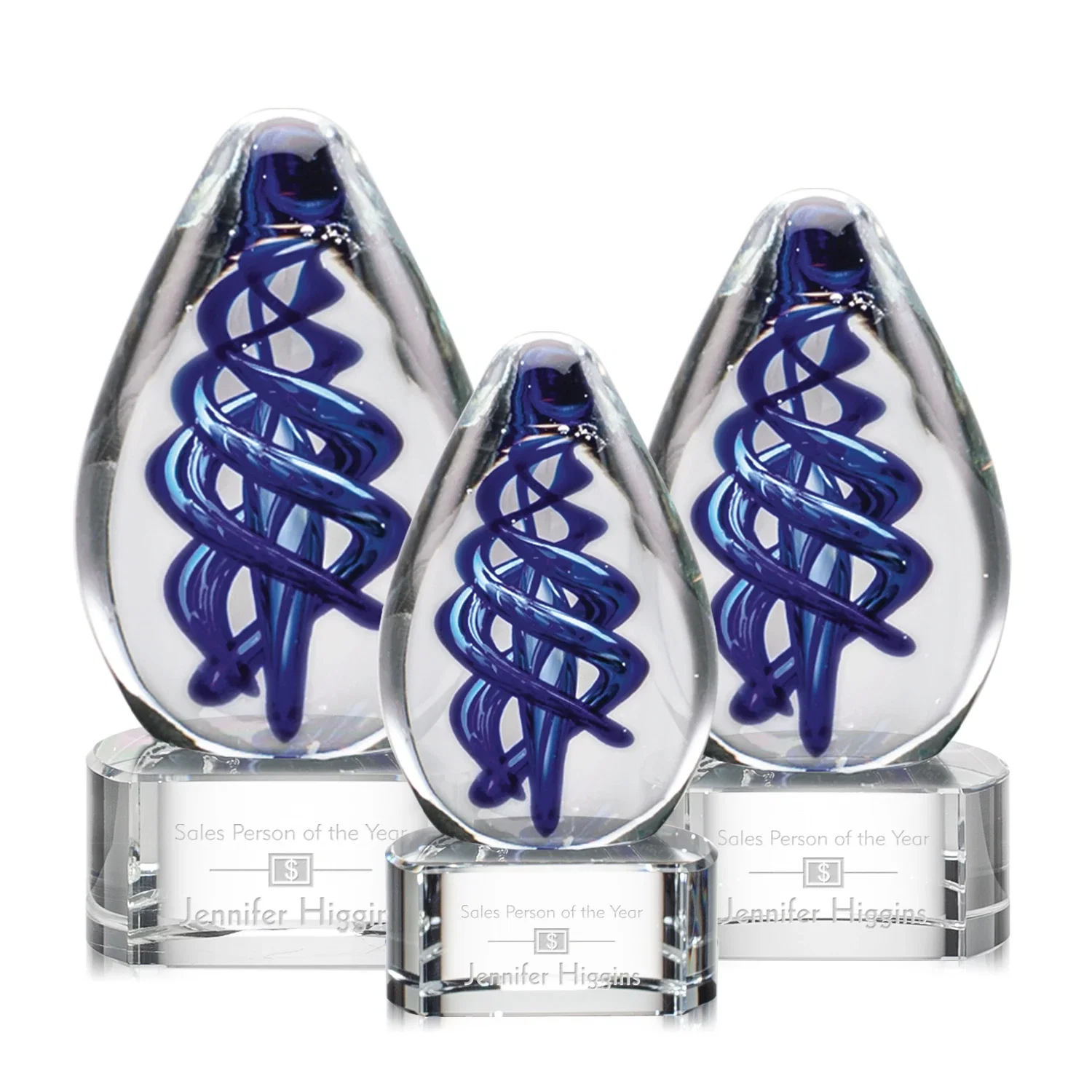 Custom Blue Hand-Blown Glass Teardrop Award With Clear or Black Base for employee recognition