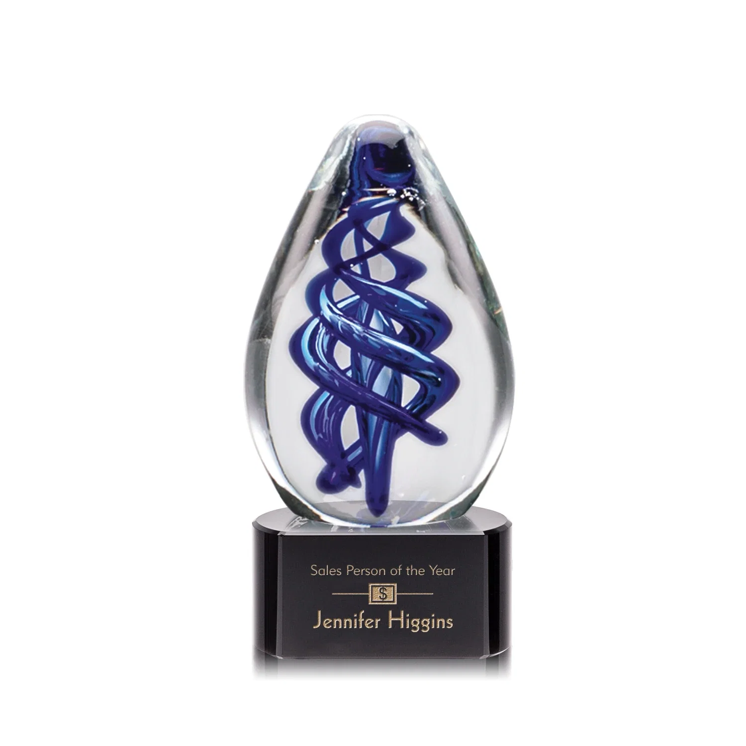Custom Blue Hand-Blown Glass Teardrop Award With Clear or Black Base for volunteer appreciation