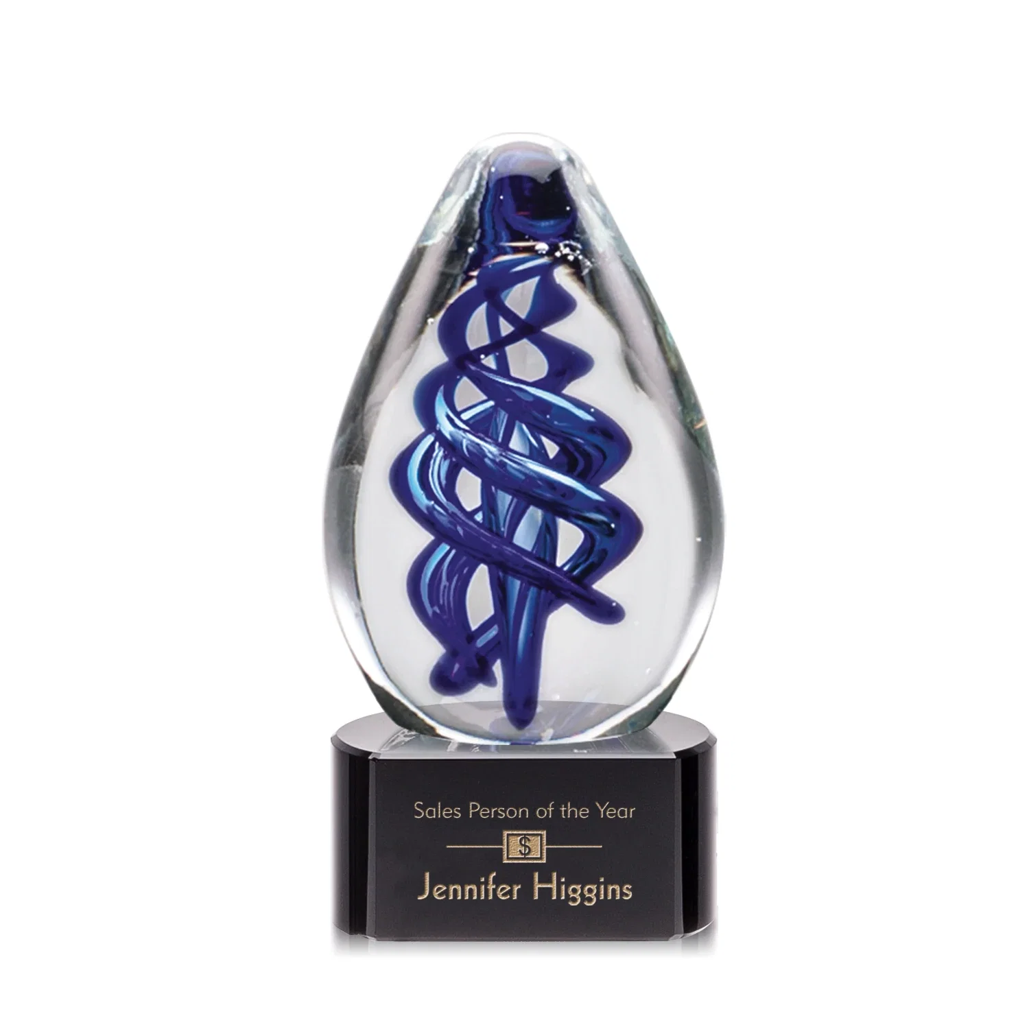 Custom Blue Hand-Blown Glass Teardrop Award With Clear or Black Base for dealer and partner awards