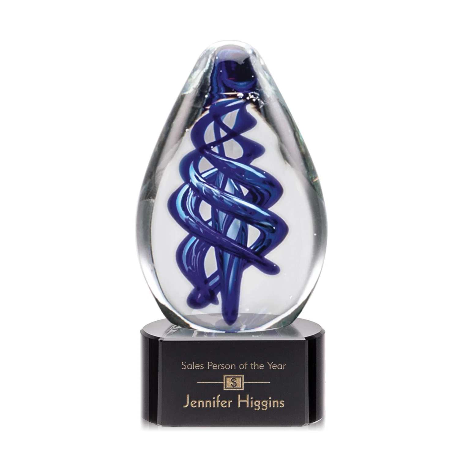 Custom Blue Hand-Blown Glass Teardrop Award With Clear or Black Base for company anniversary events