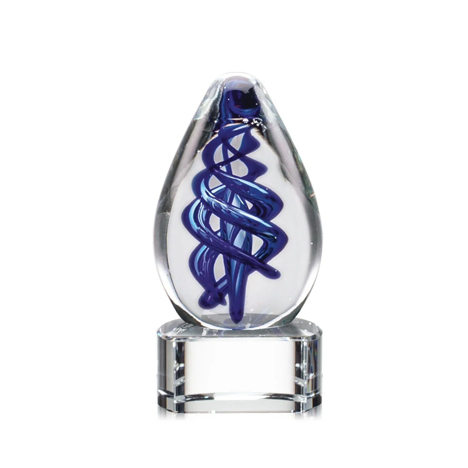 Personalized Blue Hand-Blown Glass Teardrop Award With Clear or Black Base for employee recognition